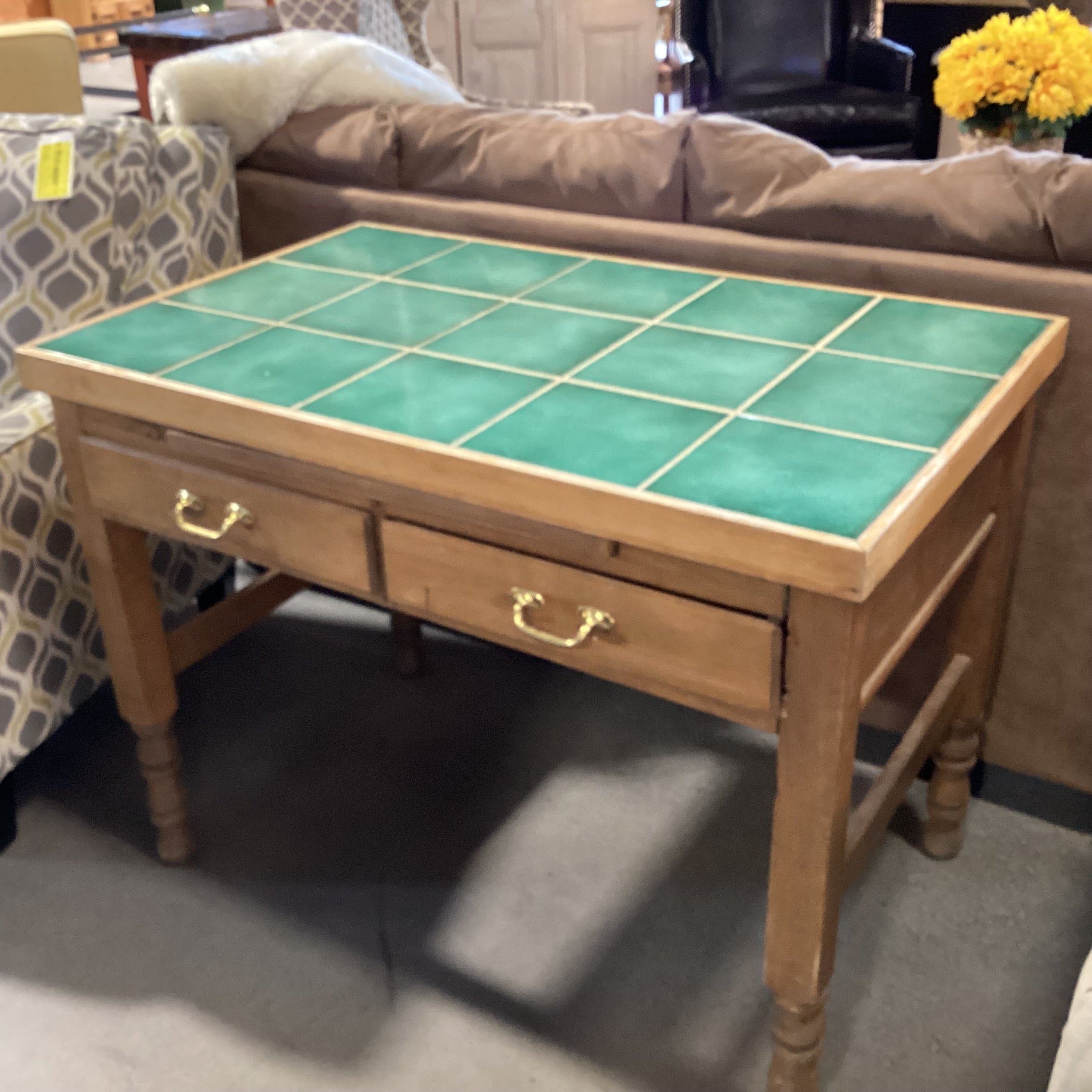 Vintage Natural Wood with Green Tile Inset Top 2 Drawer Kitchen Island Table 41.5"x 25.5"x 30.5"