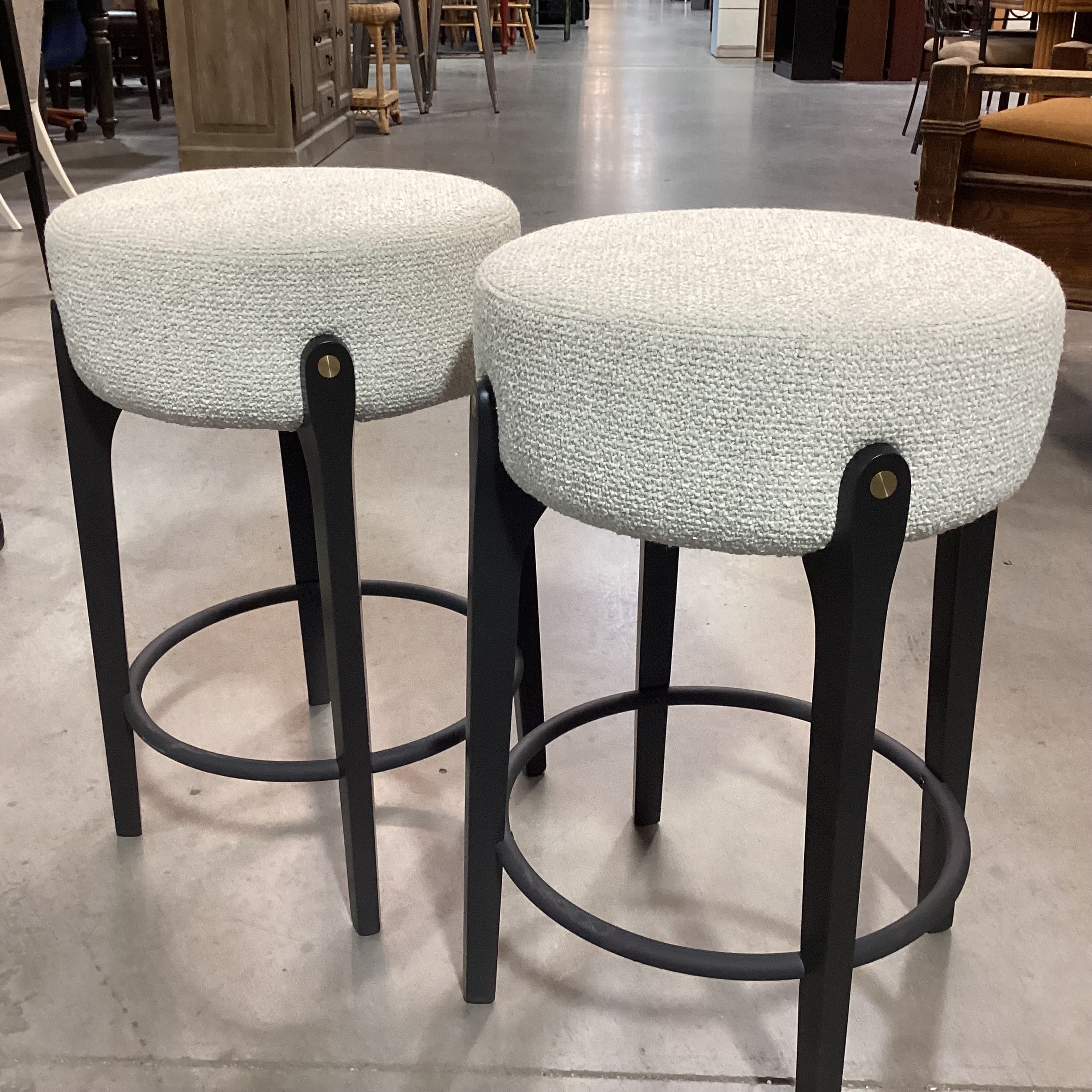 SET of 2 Arhaus Bottoni Italian BoucleDark Finish Wood & Metal with Brass Accent Bar Stools 24"