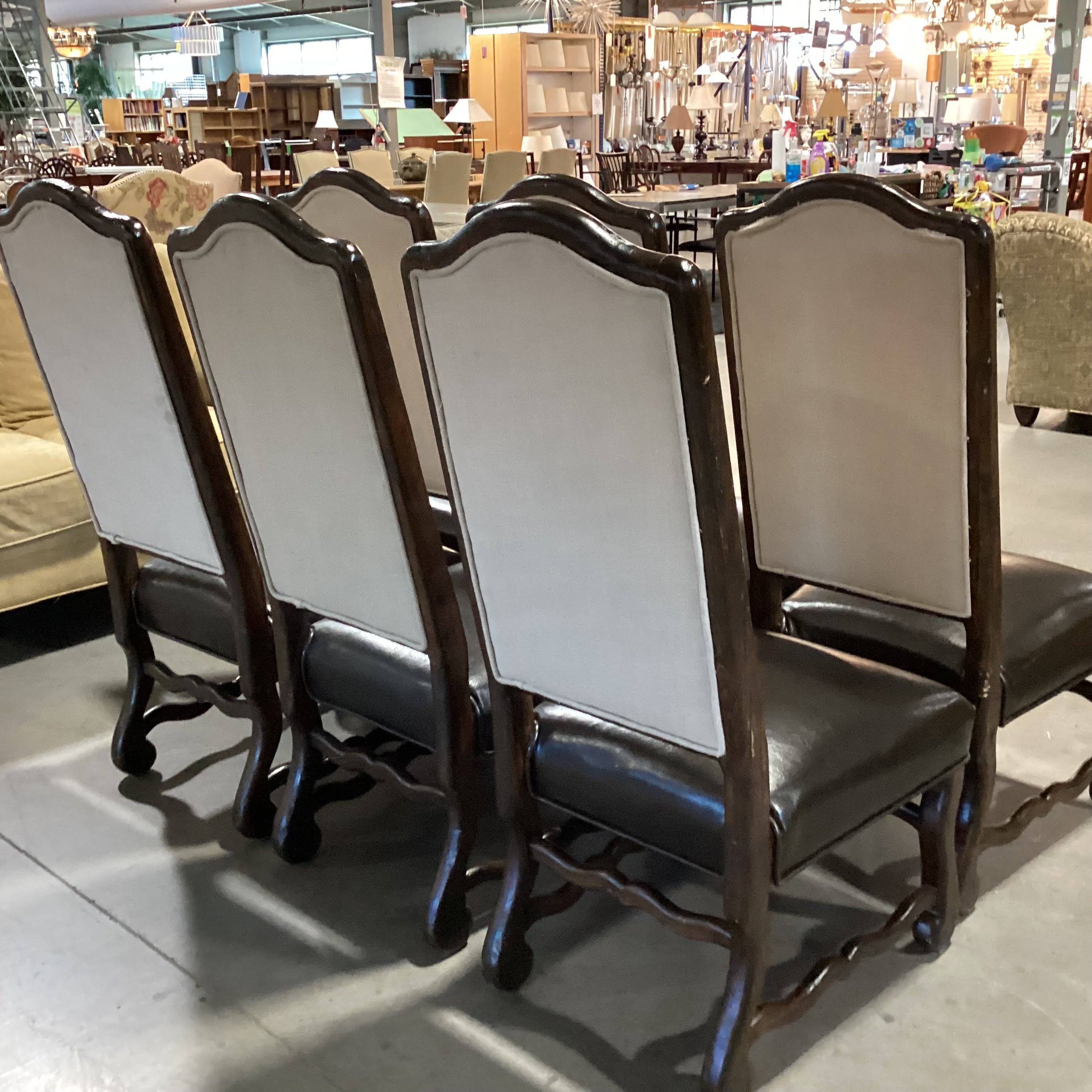 SET of 6 Carved Wood Leather & Linen Dining Chairs 21"x 22"x 49"