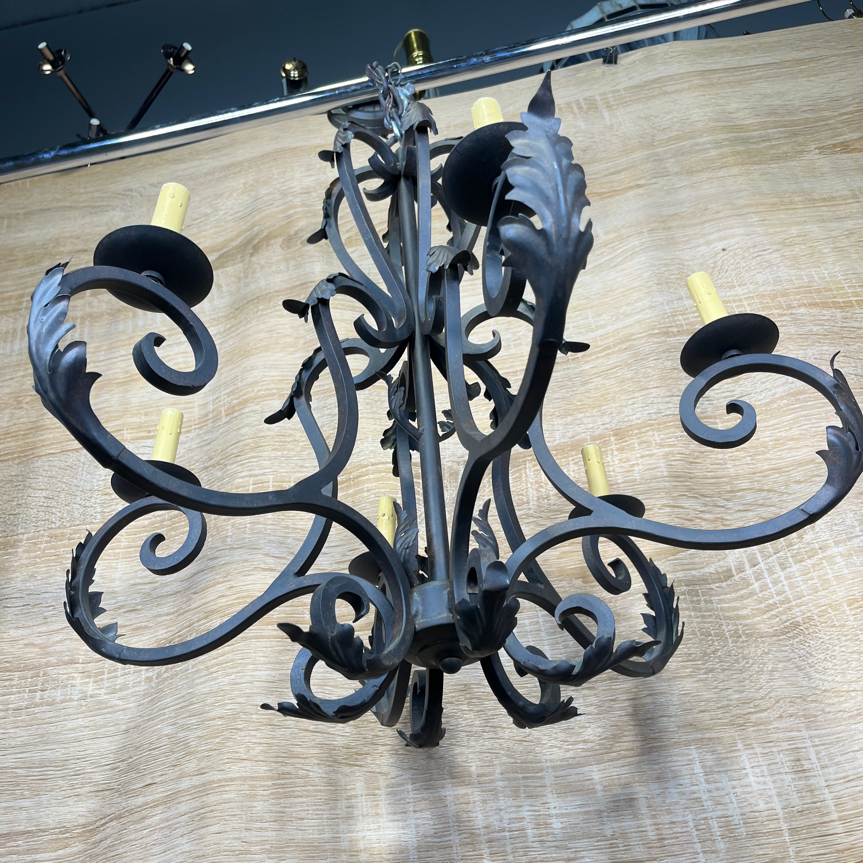 French Country Style 6-Light Bronze Iron Candelabra Chandelier 28" Diameter x 30" - 38"