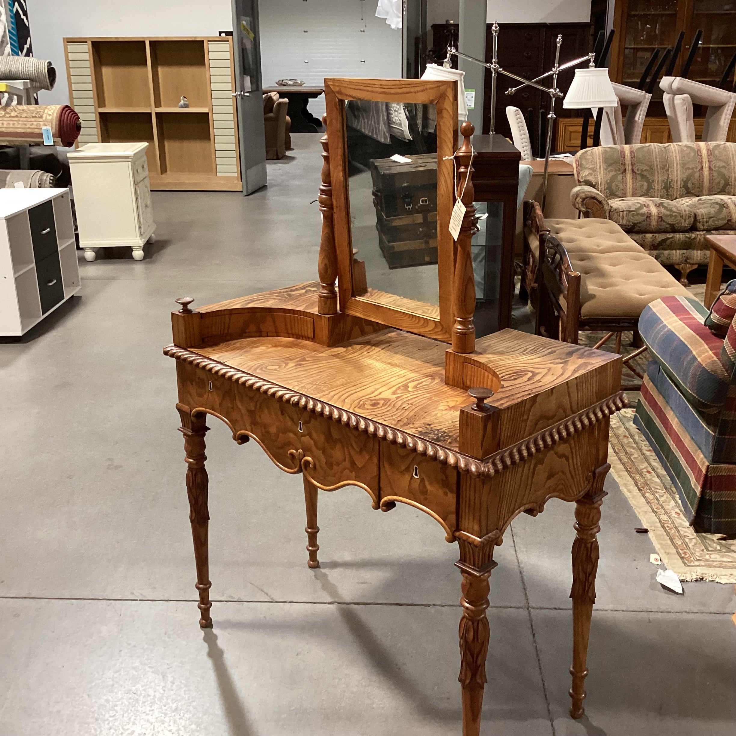 Antique American Carved Wood & Veneer 5 Drawer with Mirror Ladies Vanity Dresser 38"x 19"x 53"