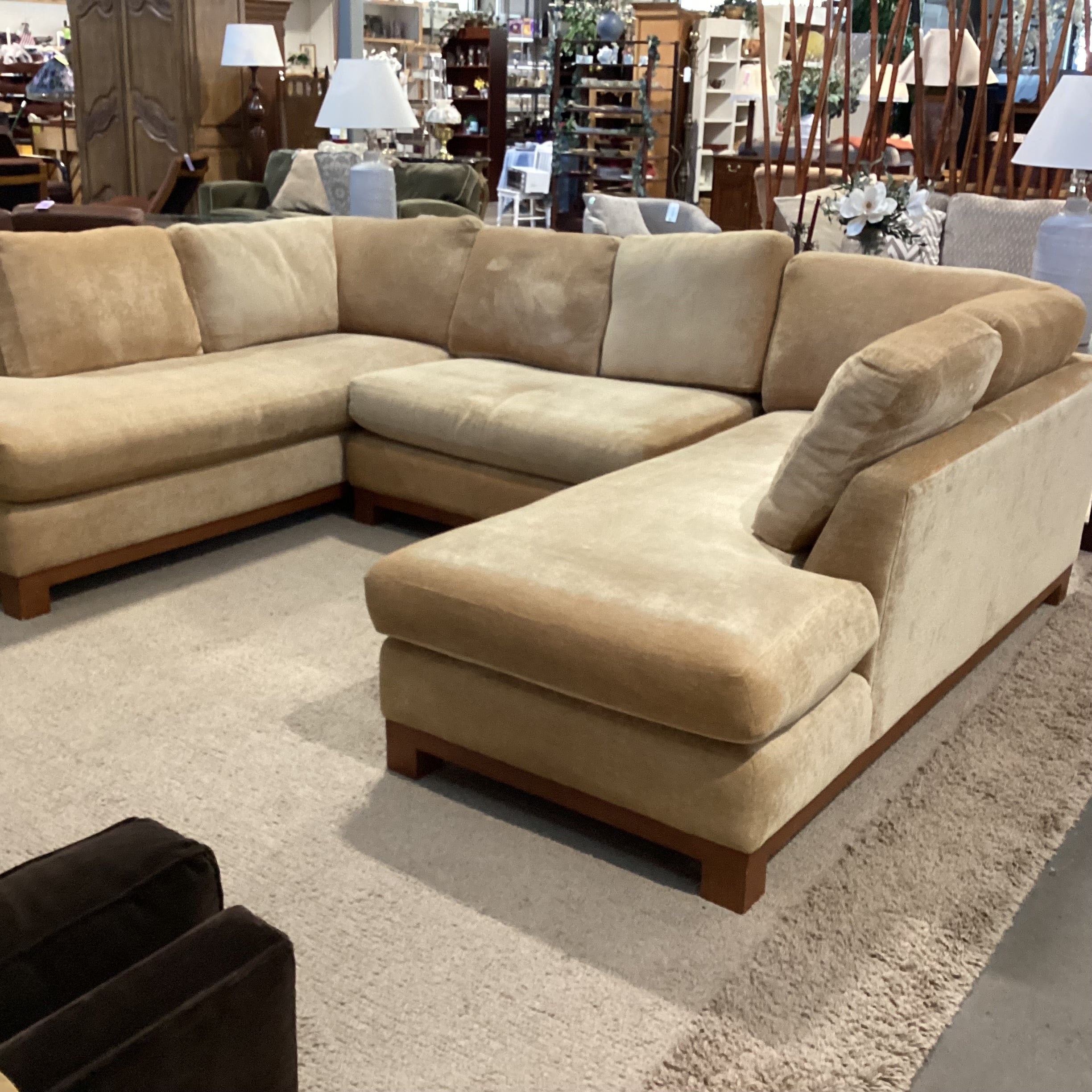 Golden Chenille Woven with Wood Base 3 Piece with End Chaises Sectional 84"x 121"x 84"x 37"x 28"