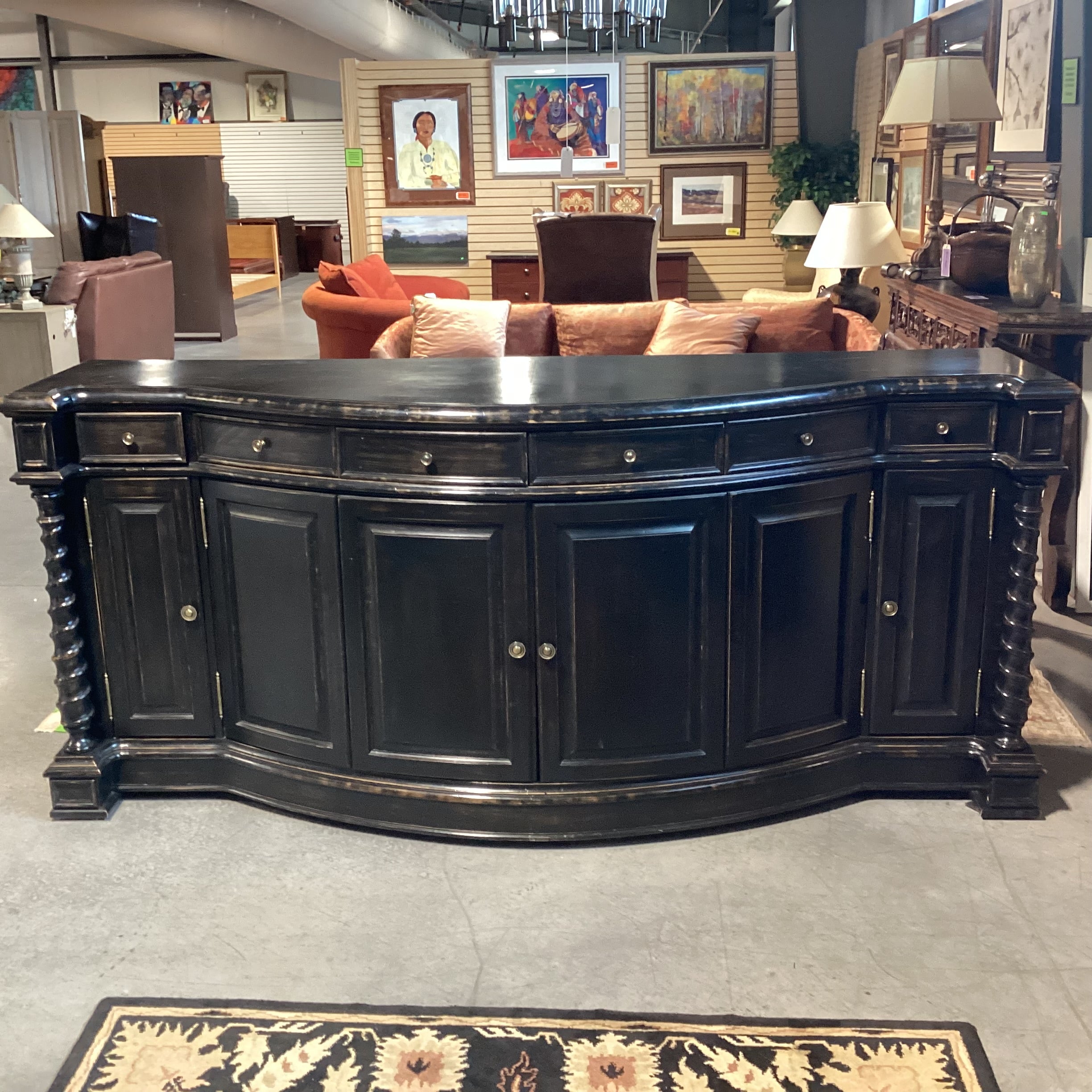 Antiqued Black Distressed Carved Wood 4 Door 6 Drawer Sideboard 96.5"x 27.5"x 42.5"