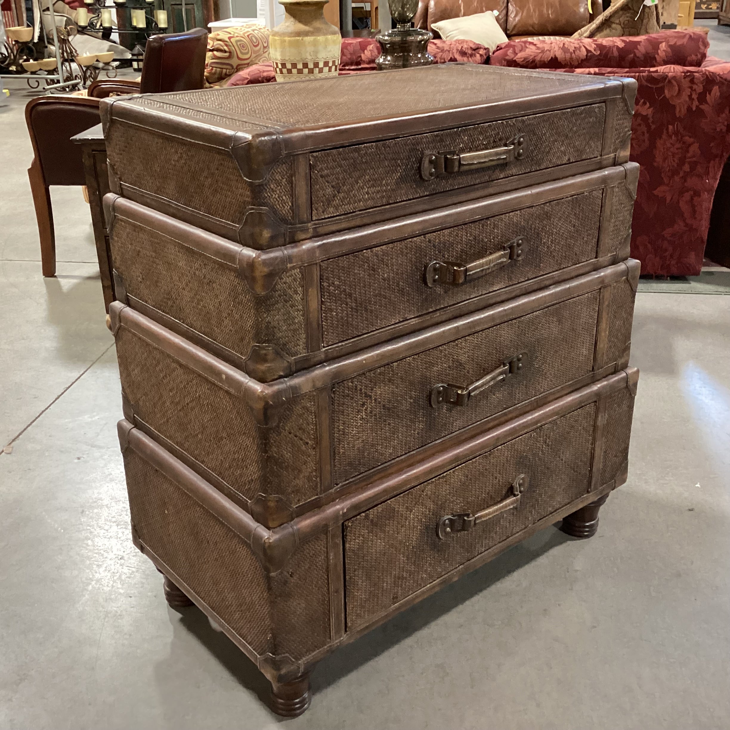 Maitland Smith Style Rattan Woven & Leather 4 Drawer Trunk Style Chest 34"x 19"x 36" Chest