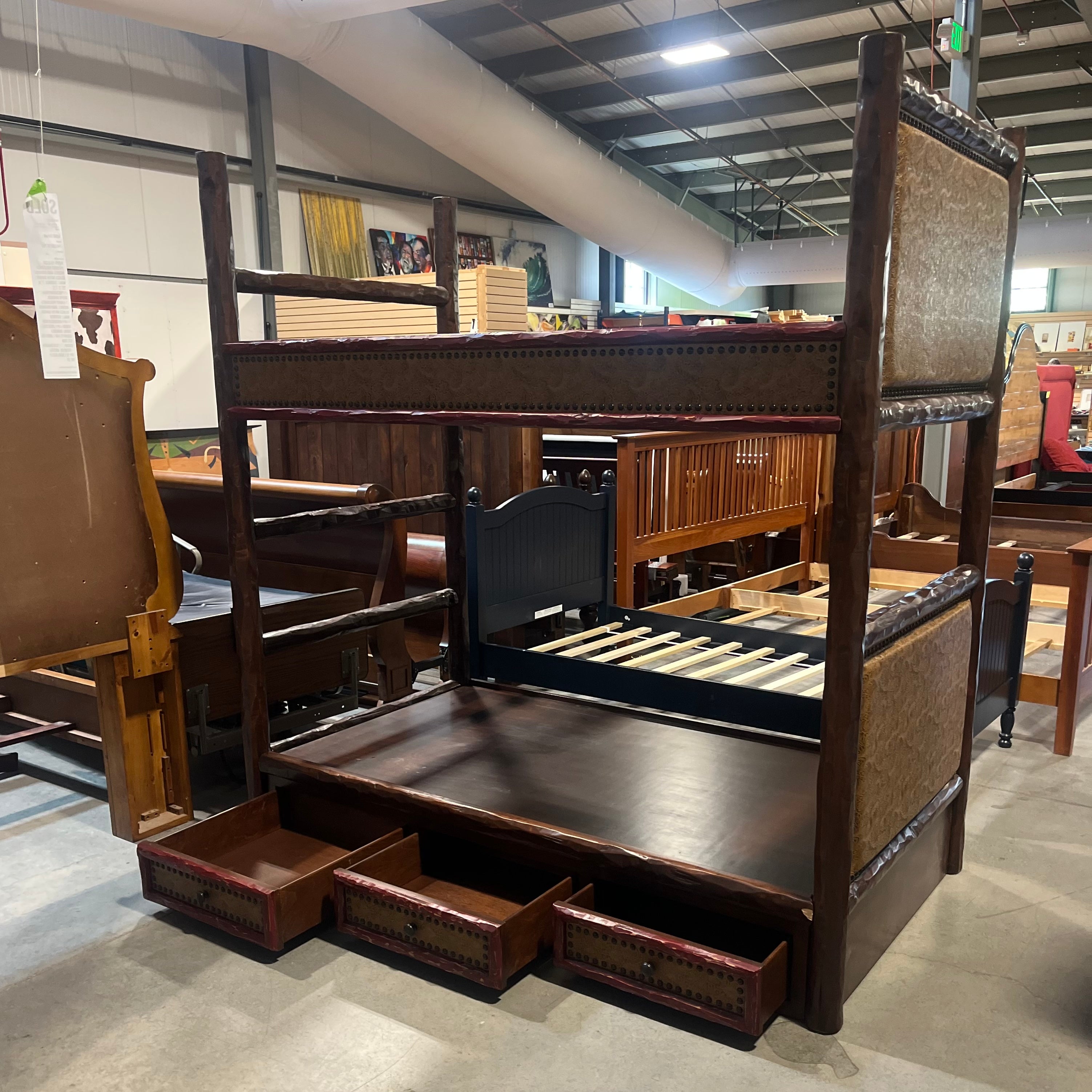 Twin Over Twin Solid Dark Wood With Embossed Leather and Nail Head Accents And 3 Drawer Storage Bunk Bed Set 80"x 44"x 84"