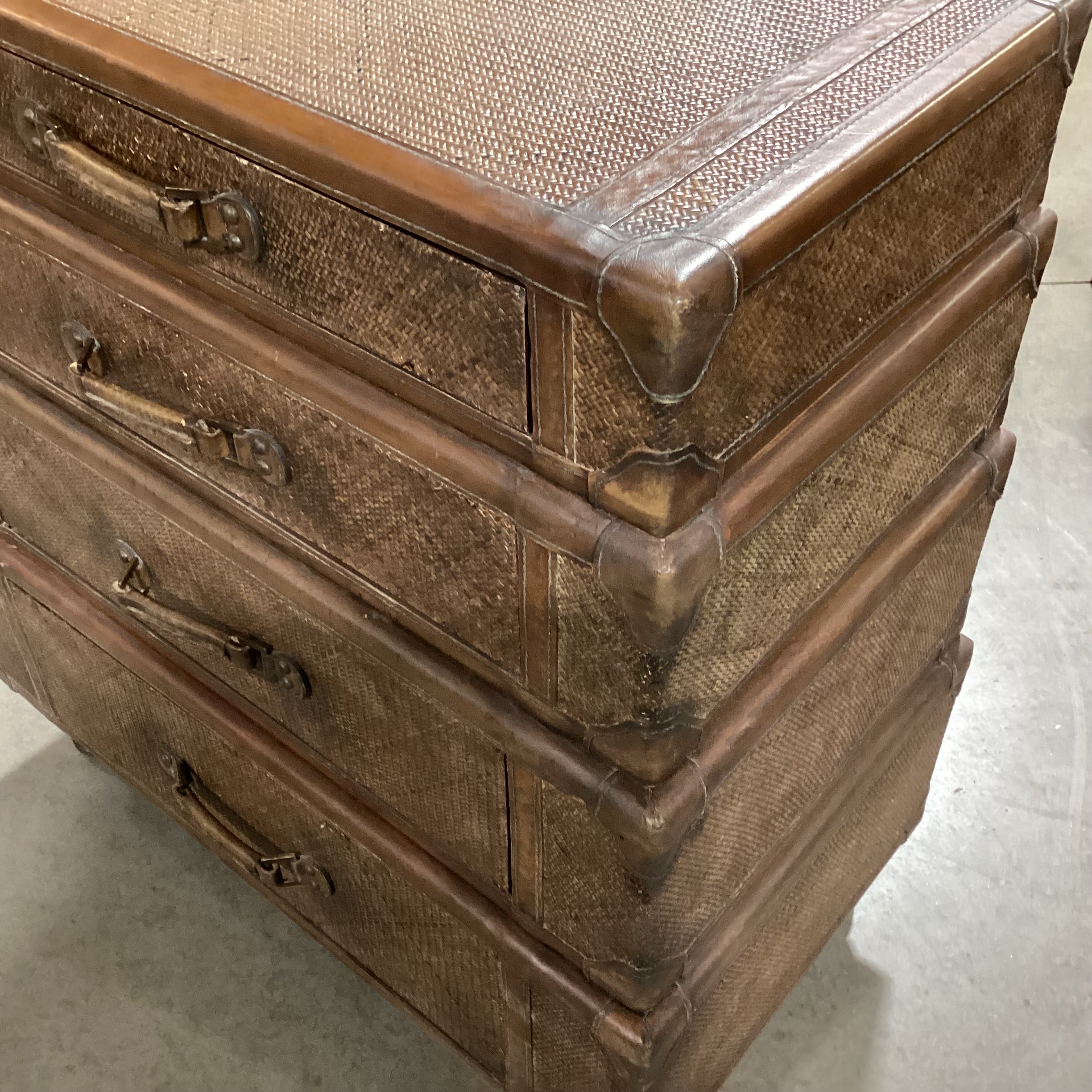 Maitland Smith Style Rattan Woven & Leather 4 Drawer Trunk Style Chest 34"x 19"x 36" Chest