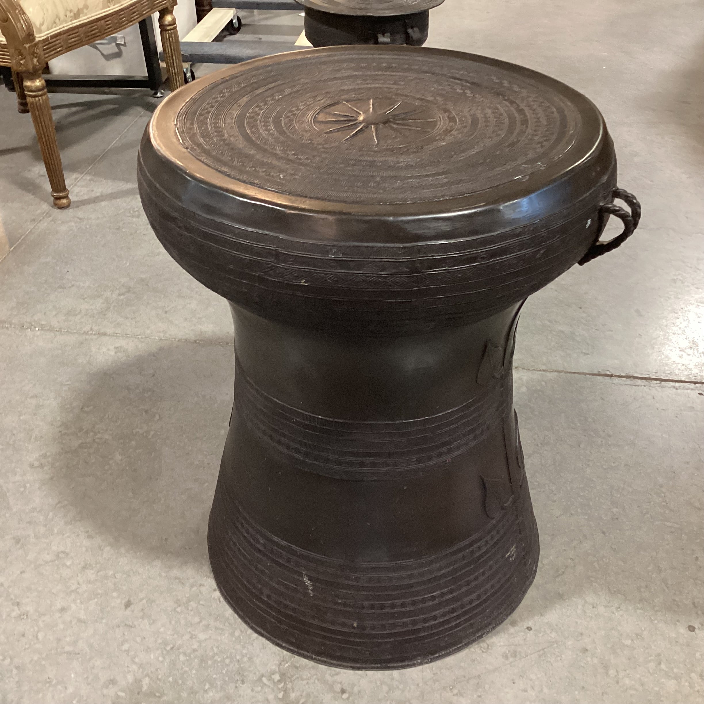 Asian Bronze Rain Drum Style Accent Table 21" Diameter x 24"