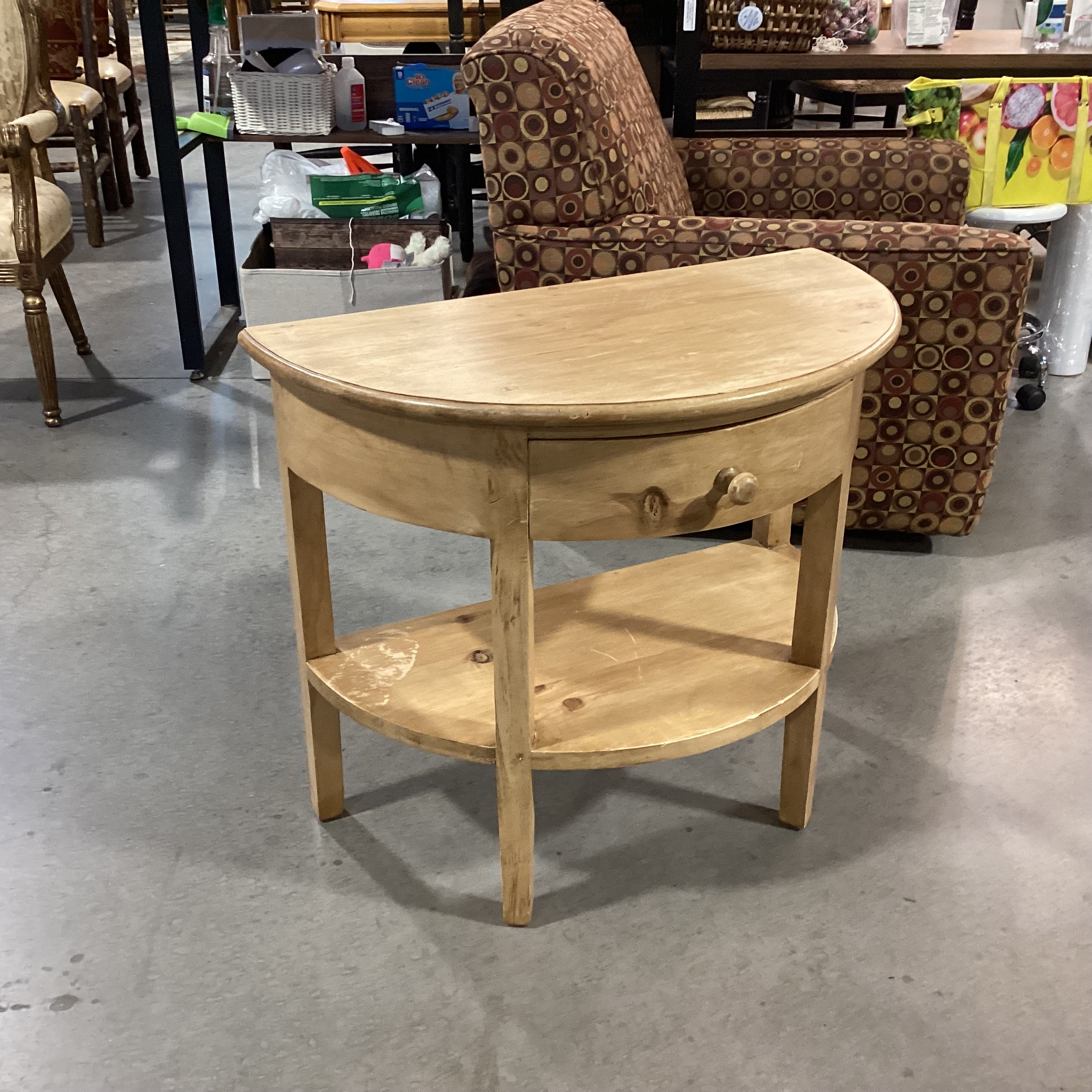 Natural Solid Wood 1 Drawer Half Moon Accent Table 32"x 17"x 27.5"
