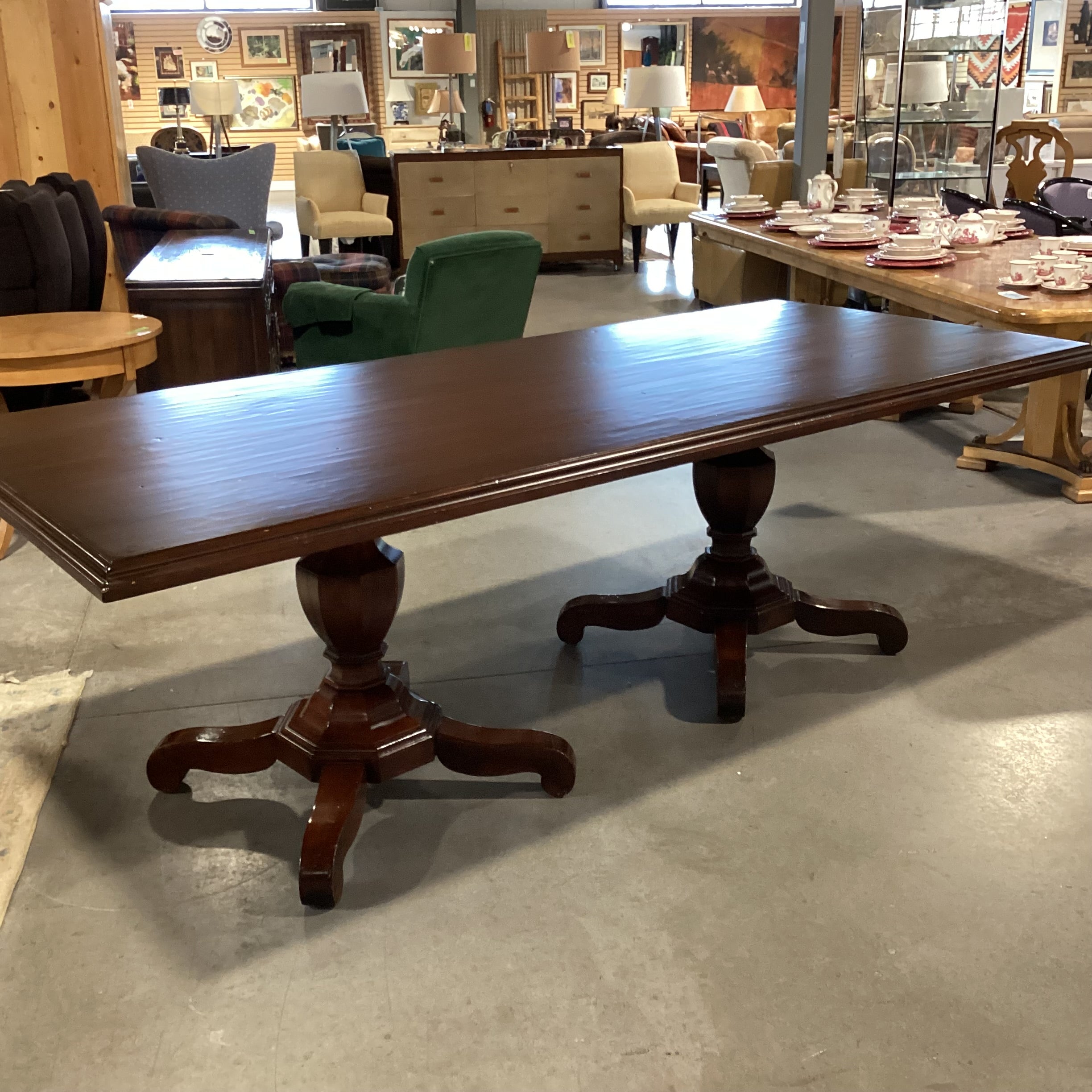 Dark Finish Wood with Carved Double Pedestal Dining Table 96"x 42"x 31"