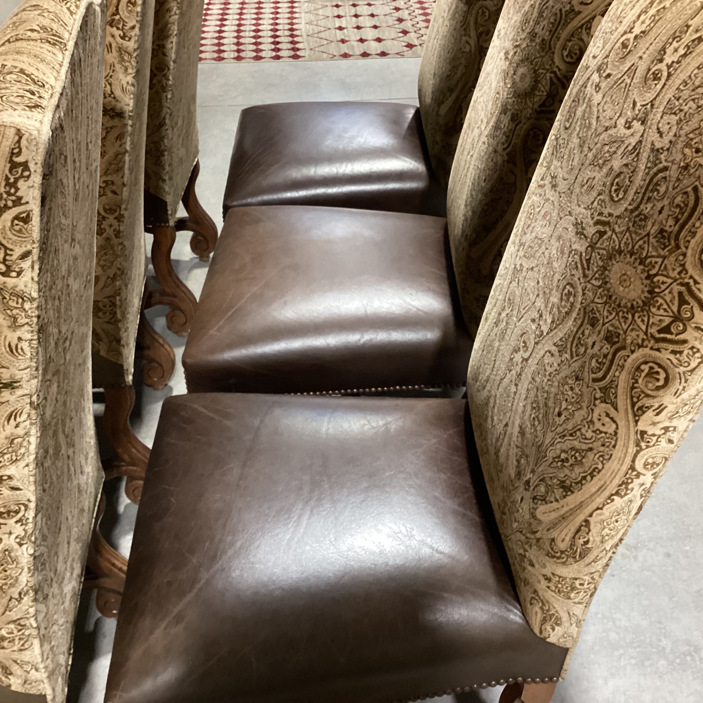 SET of 8 Ornate Carved Wood Leather Nailhead & Paisley Velvet Dining Chairs 22"x 24"x 44.5"