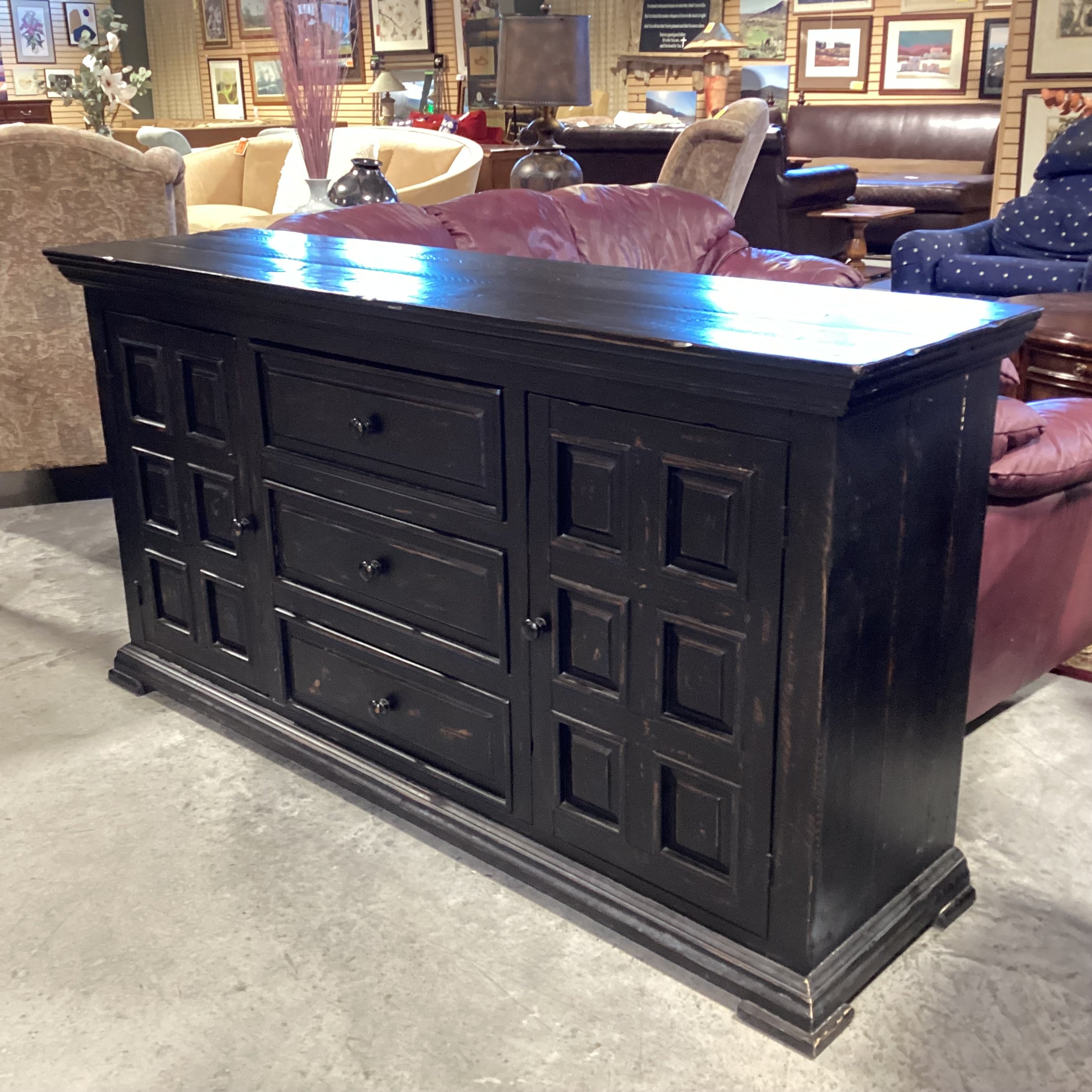 Black Distressed Wood 2 Door 3 Drawer Console Credenza 69"x 18.5"x 36"