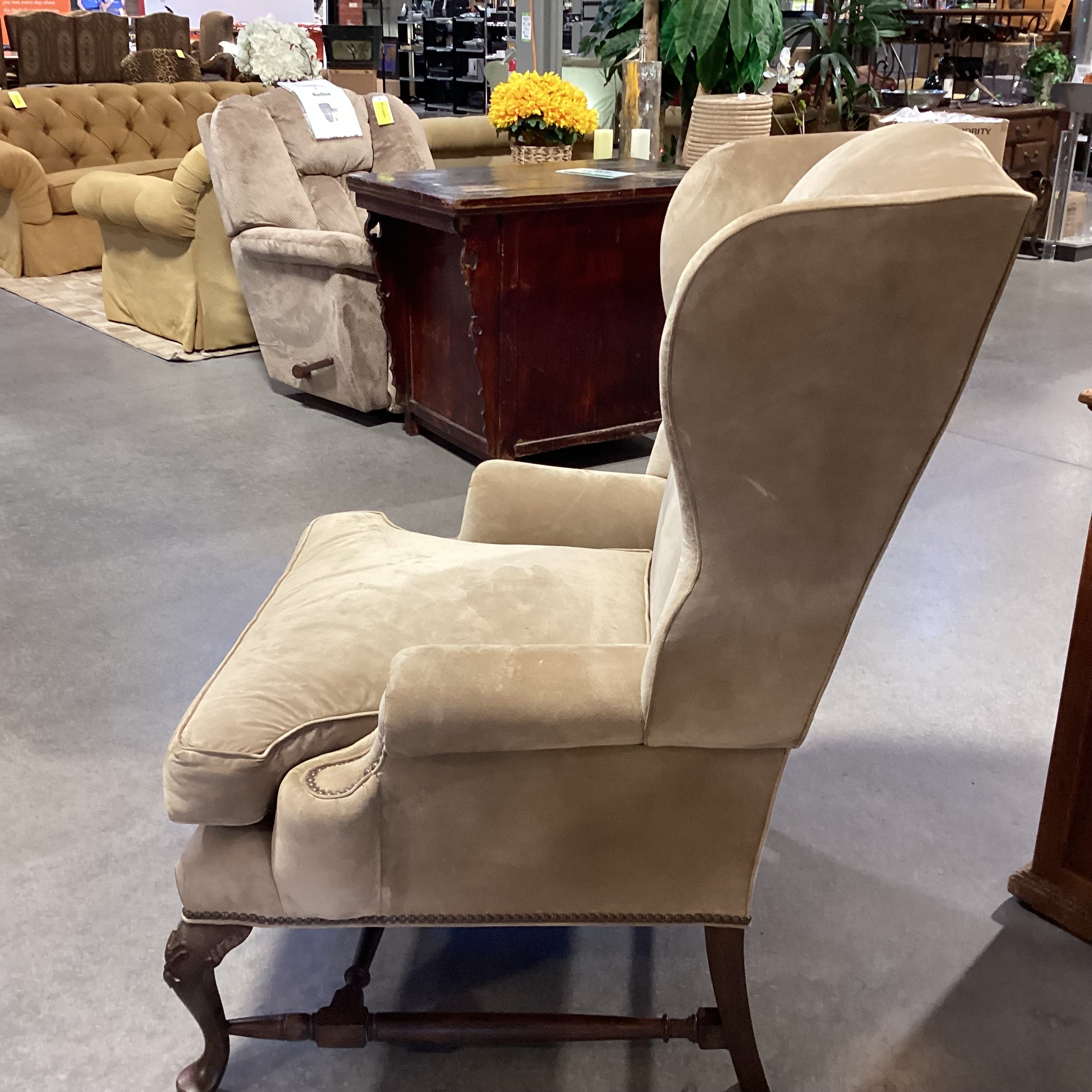 JJ Custom Beige Tan Suede Nailhead Down Mix & Carved Wood Wing Chair 36"x 36"x 47"