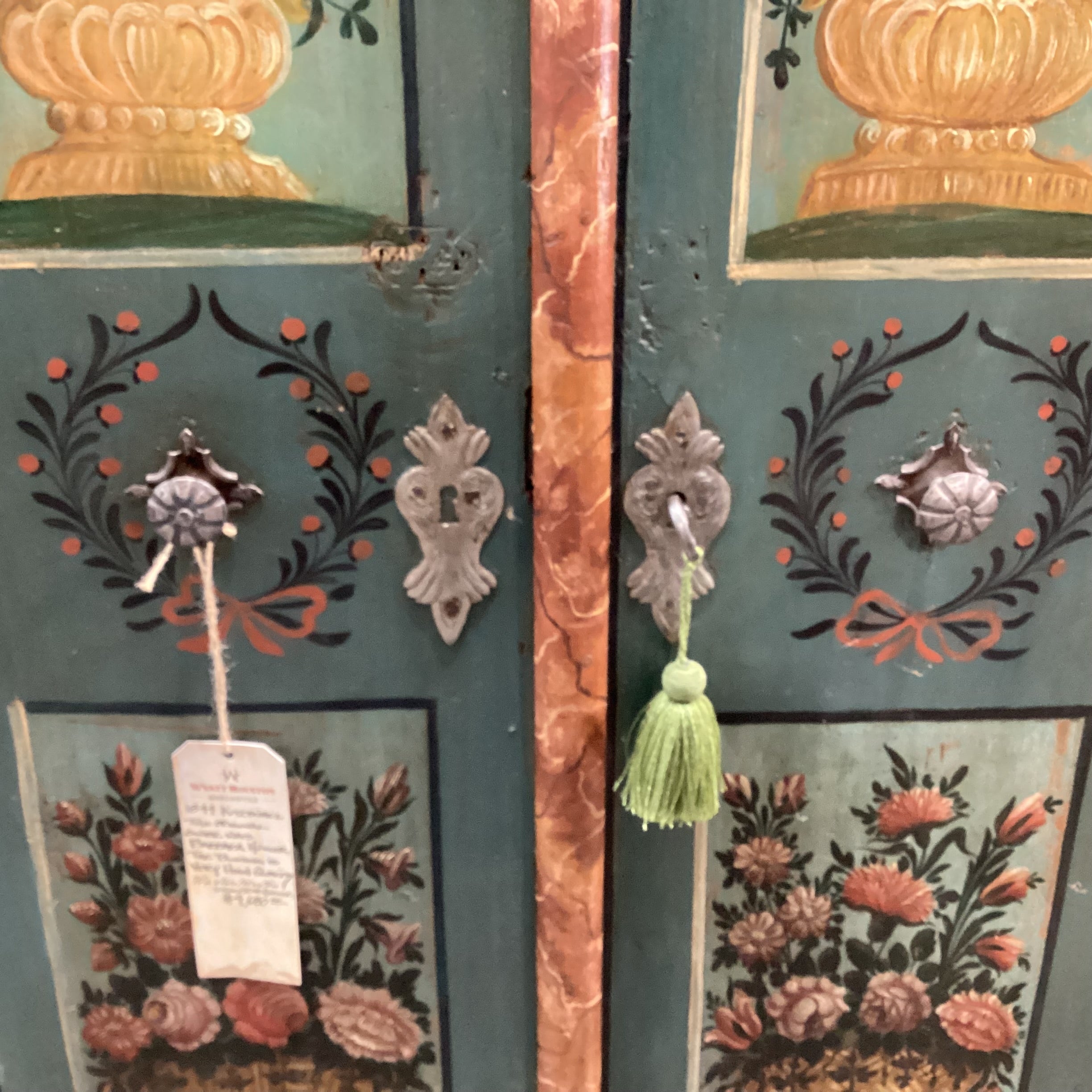 Antique Austrian Kitzbuhel Carved Wood & Hand Painted Floral 2 Door Armoire 50"x 26"x 71"