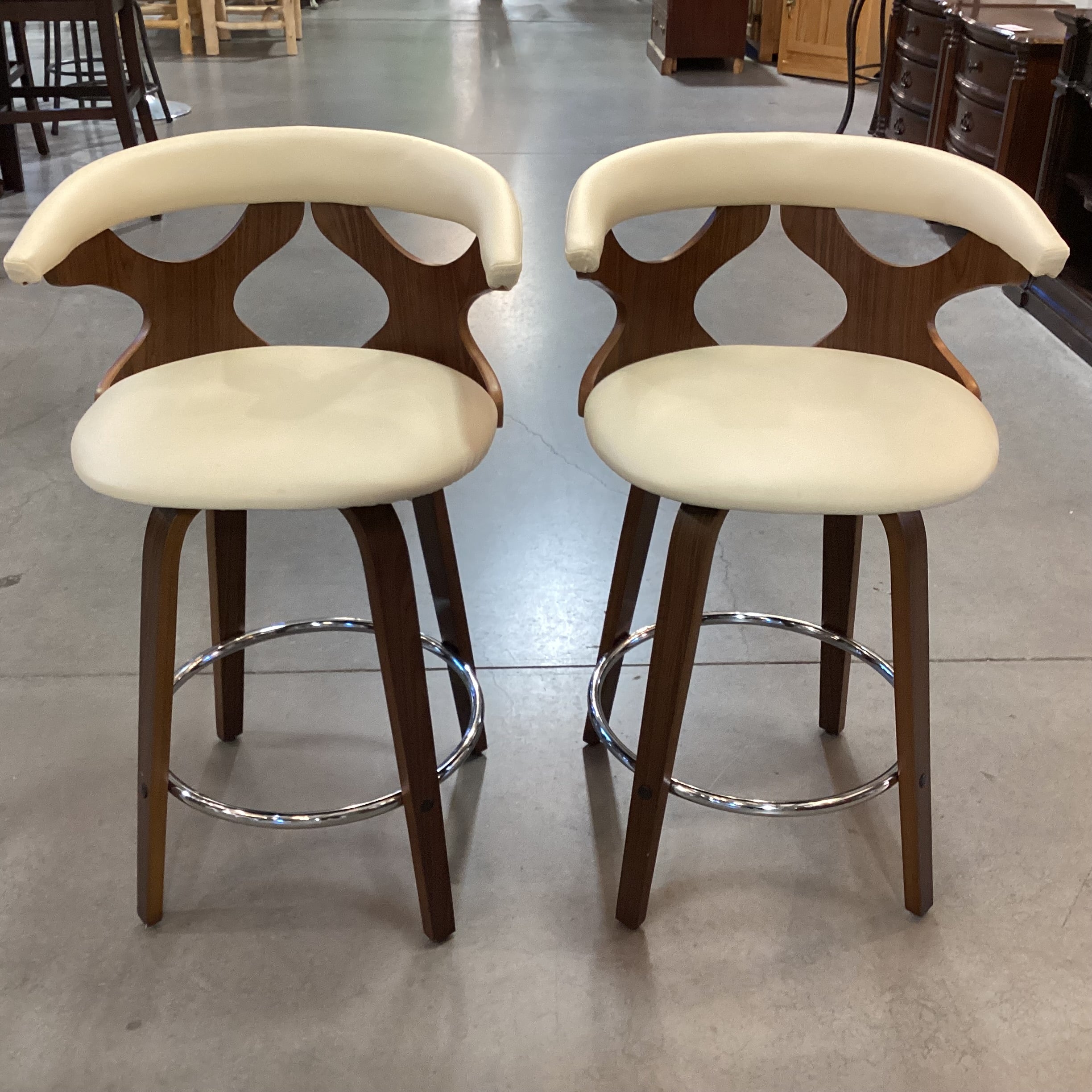 SET of 2 Lumisource Gardenia Mid Century Style Faux Cream Leather & Wood Barstools 25"