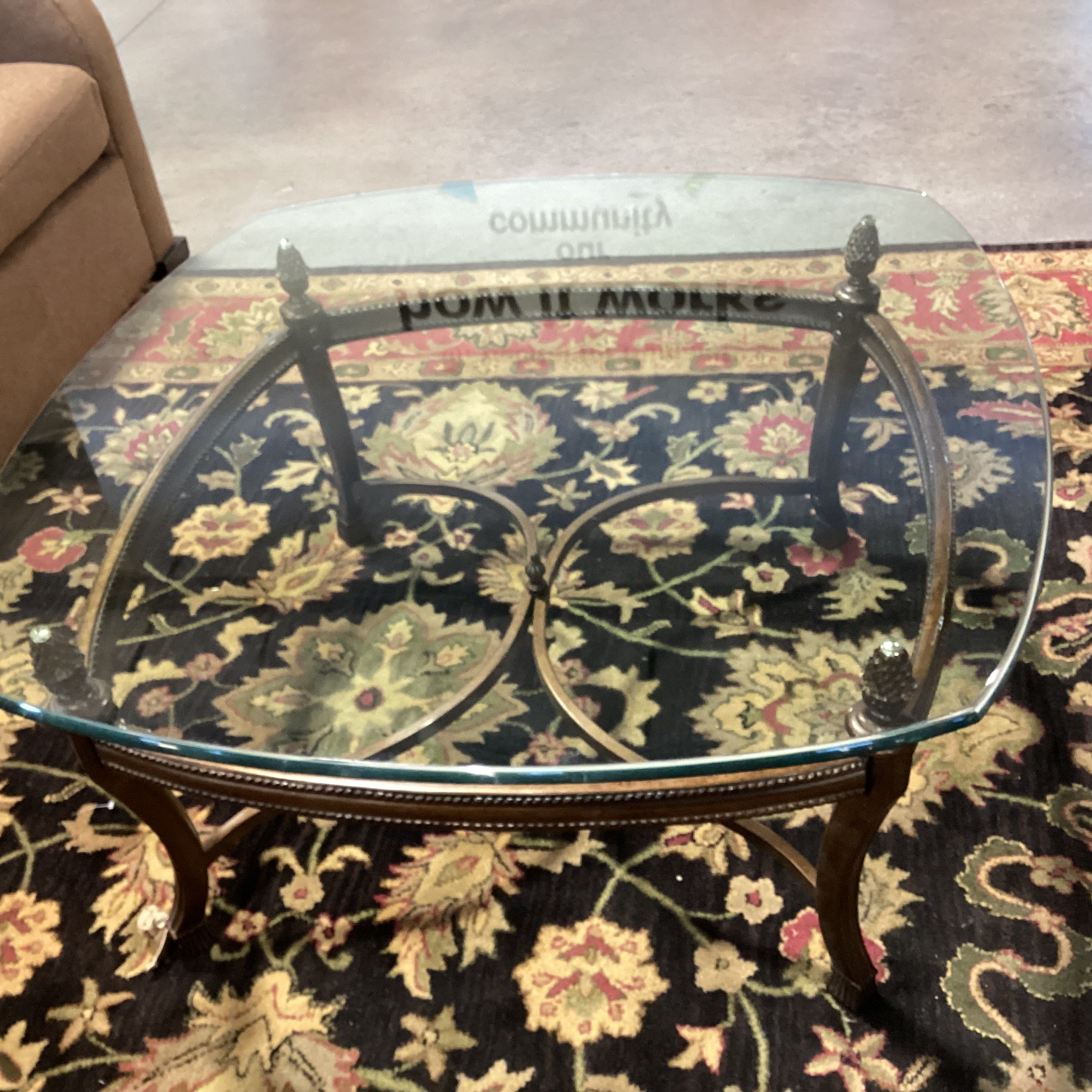 Ornate Finished Metal & Glass Coffee Table 40"x 40"x 20"