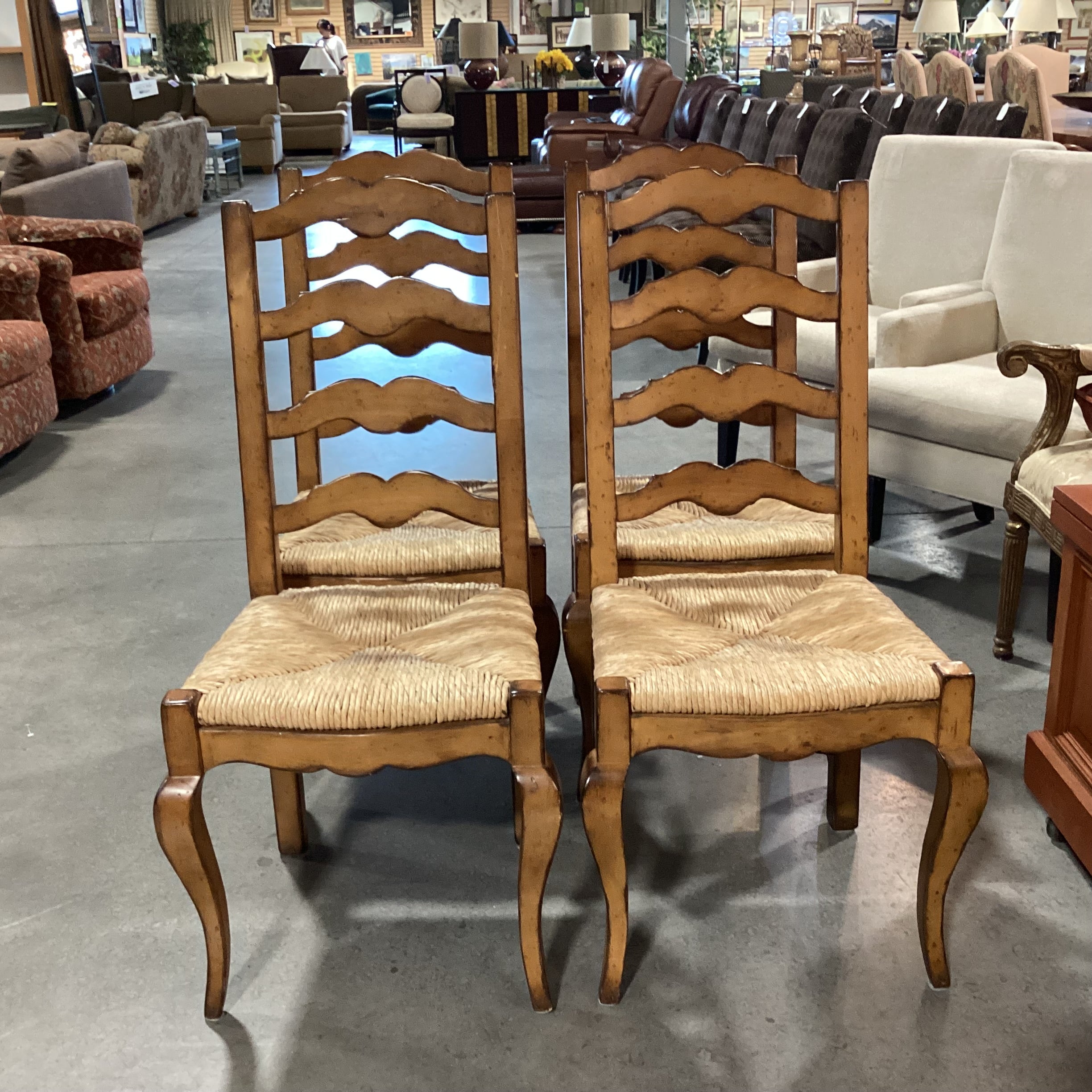 Set of 4 Antiqued Finish Carved Wood Ladder Back & Rush Seat Dining Chairs