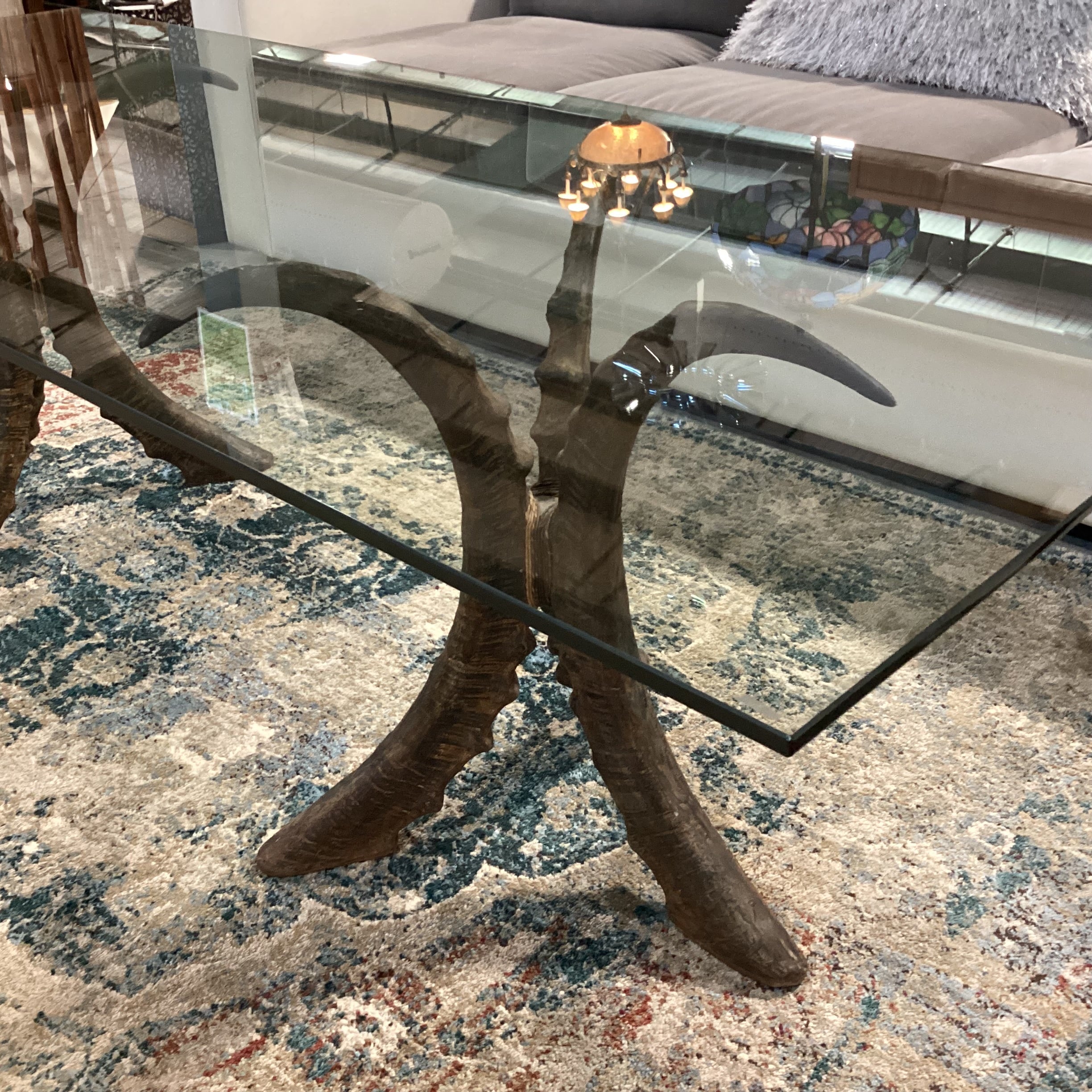 Carved Wood Tri Horn Pedestals with Glass Top Coffee Table 72"x 30"x 23"