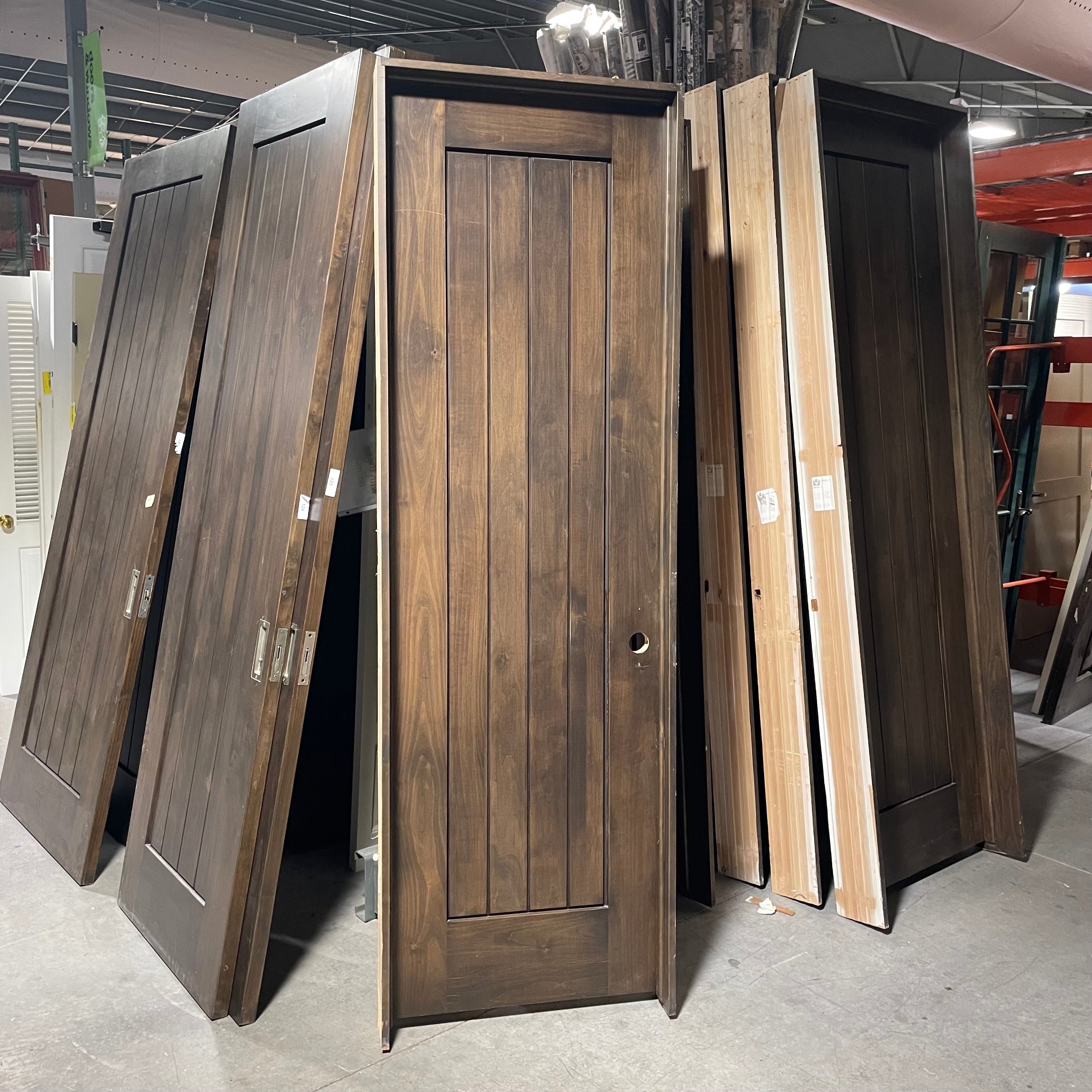 27.75"x 90"x 1.75" Rough Opening is 29.5"x 92.25"x 6.75" Brown Vertical Lined Interior Door with Jamb