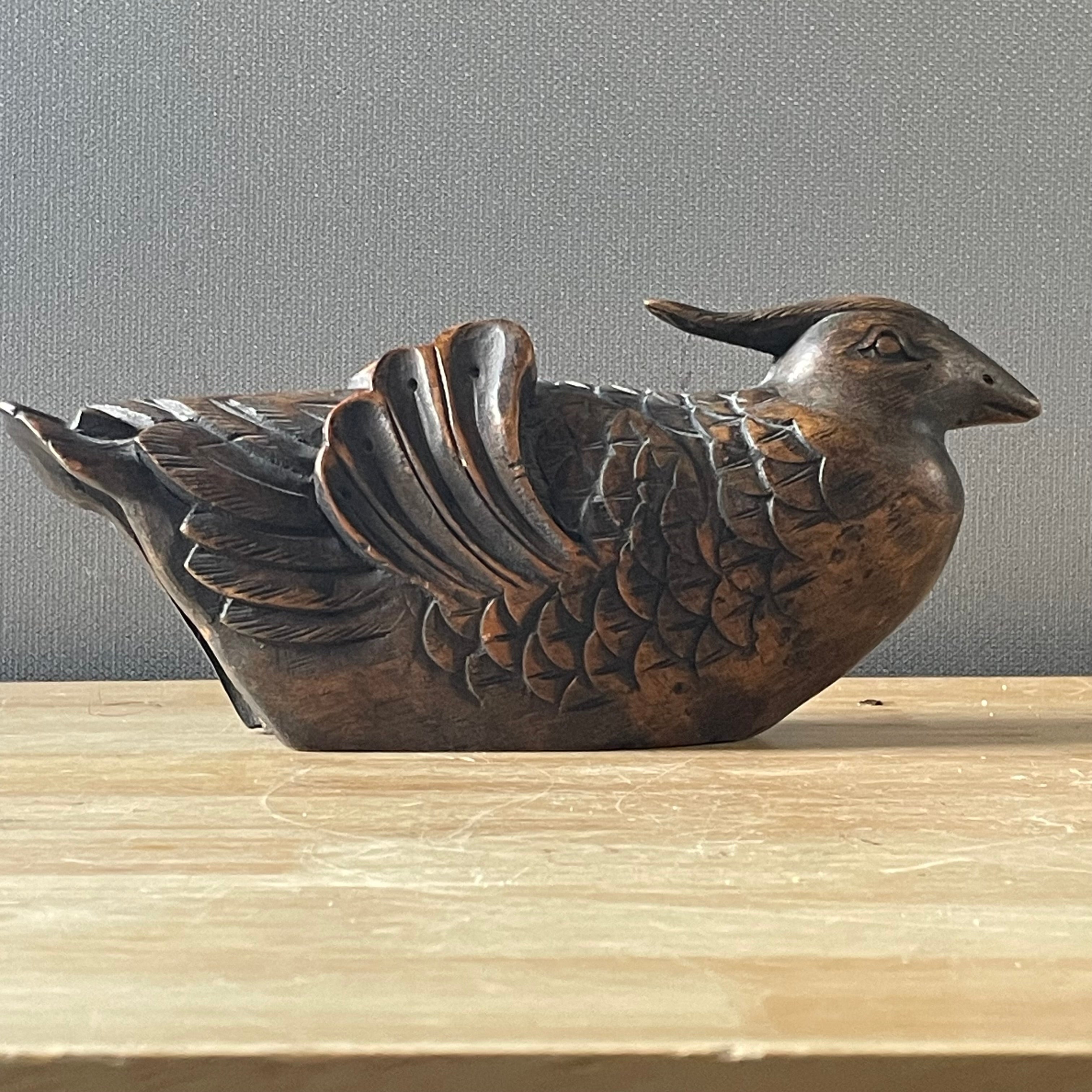 Antique Japanese Hand Carved Hardwood Mandarin Duck "Jizaikagi", or Hearth Hook, 11"x 4"x 5"