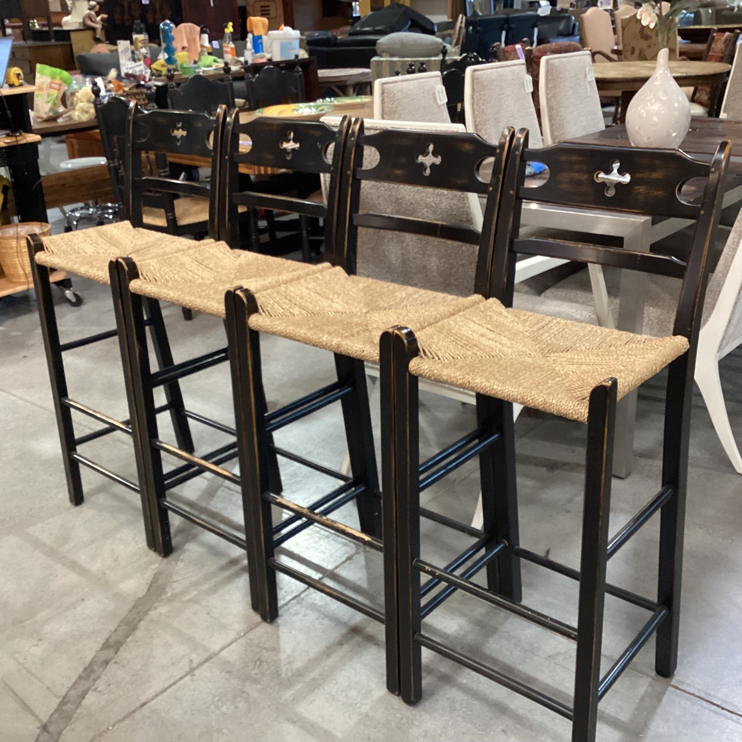 SET of 4 Wolf Diamond Point in Black Hand Sanded Maple Woven Seagrass Seat Barstools 30"