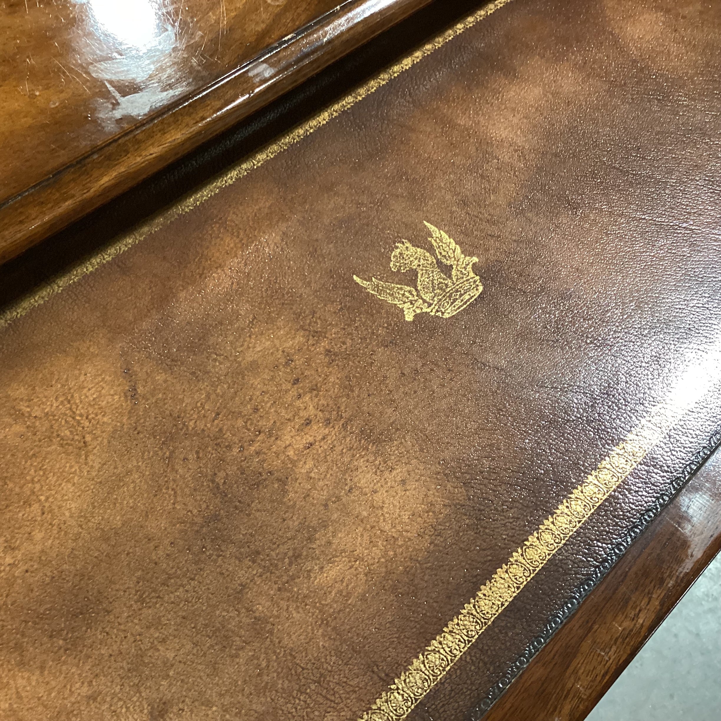 Theodore Alexander Flamed Mahogany Veneer & Carved Wood Ornate Brass Accent with Leather Top Pullout 4 Drawer Chest 42.5"x 18.5"x 32"