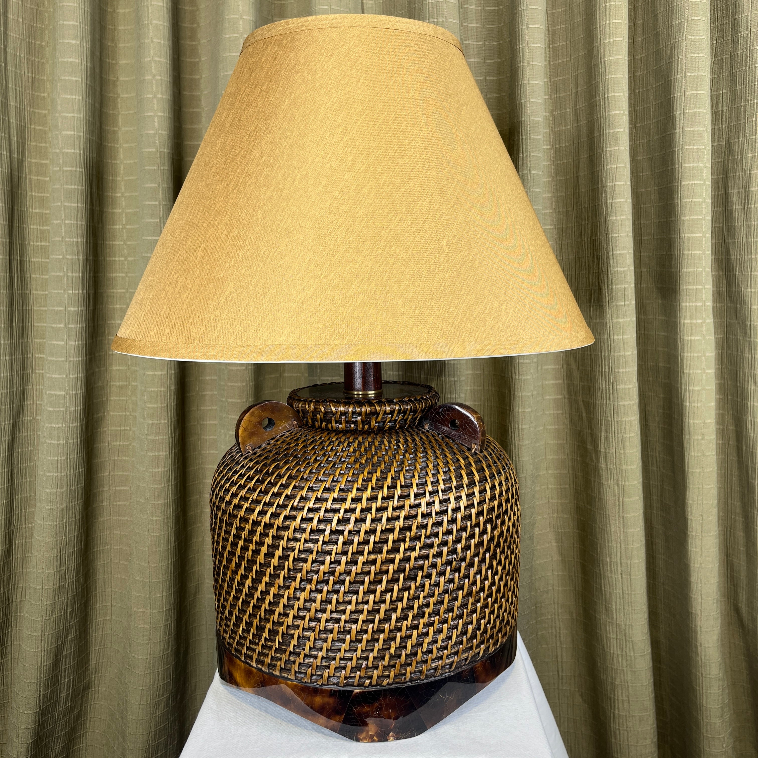 Palecek Rattan Woven and Tortoiseshell Basket Base with Shade Table Lamp 18" Diameter x 24"