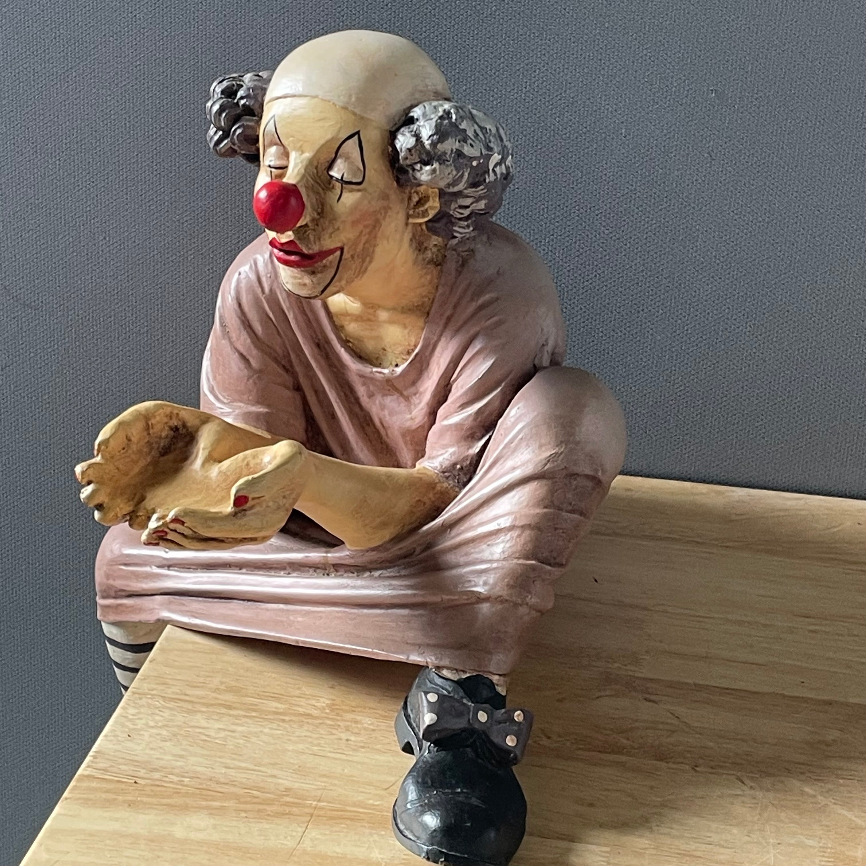 Vintage Jum Asilo Polyresin Begging Clown Shelf Sitter Sculpture Signed by Asilo