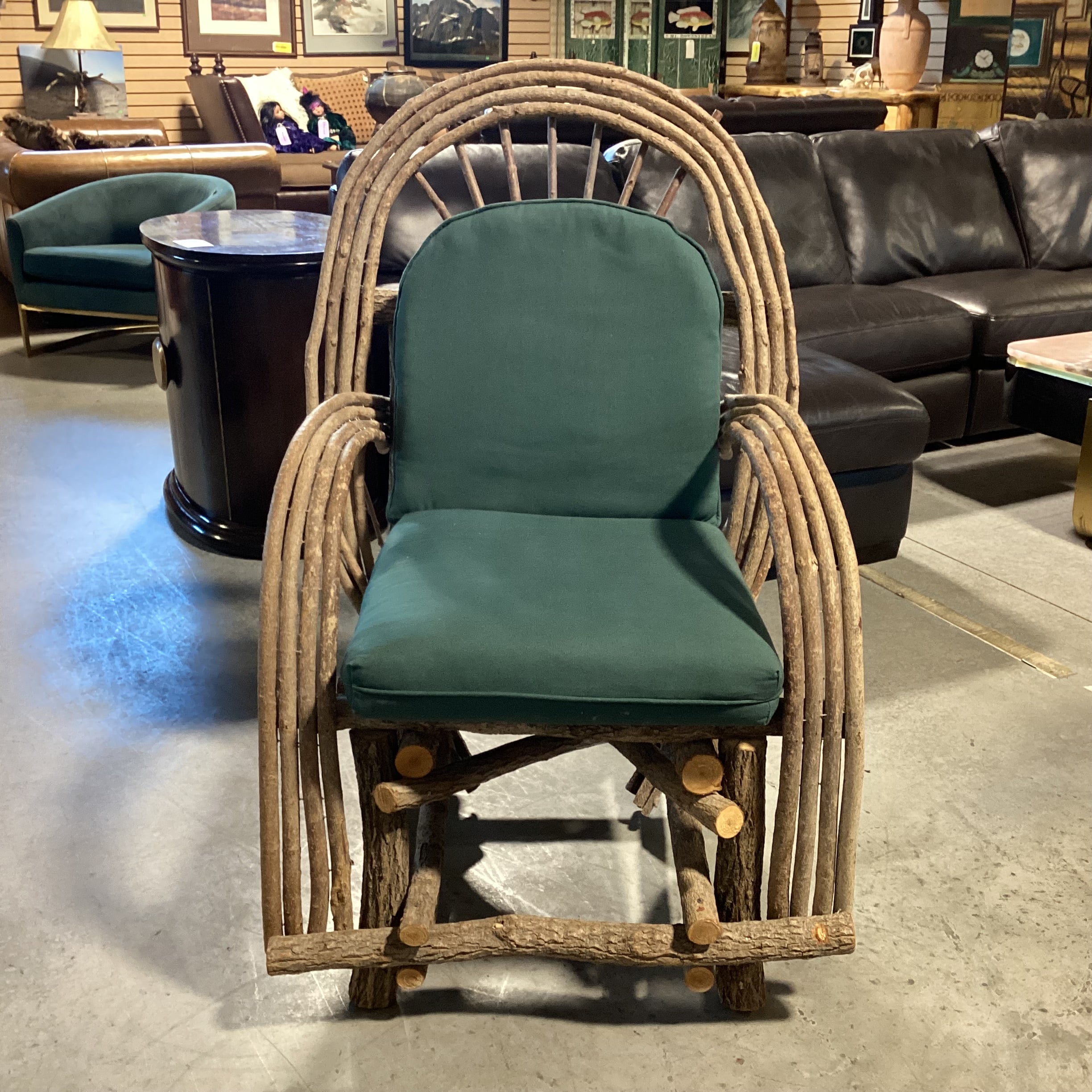 Log & Branch Arched & Rounded Arm with Green Cushions Chair 31"x 33"x 35"