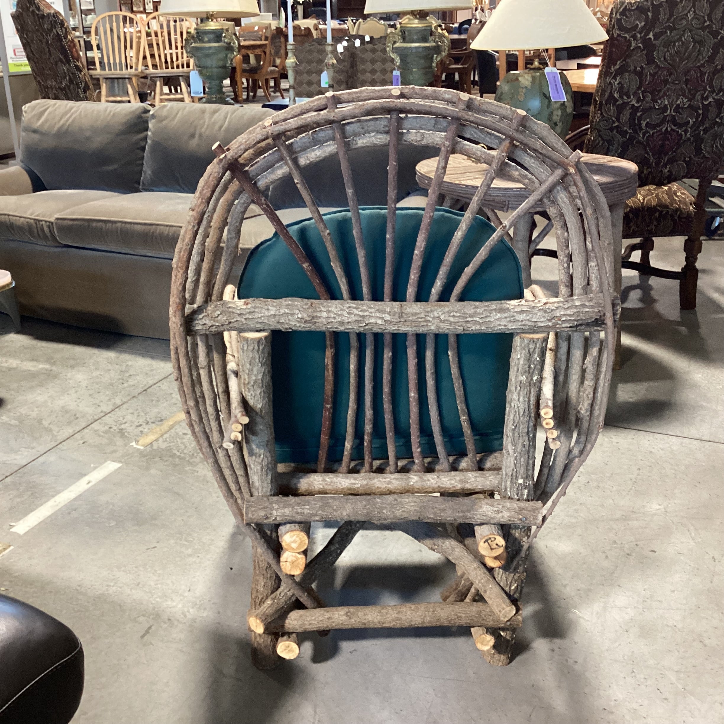 Log & Branch Arched & Rounded Arm with Green Cushions Chair 31"x 33"x 35"