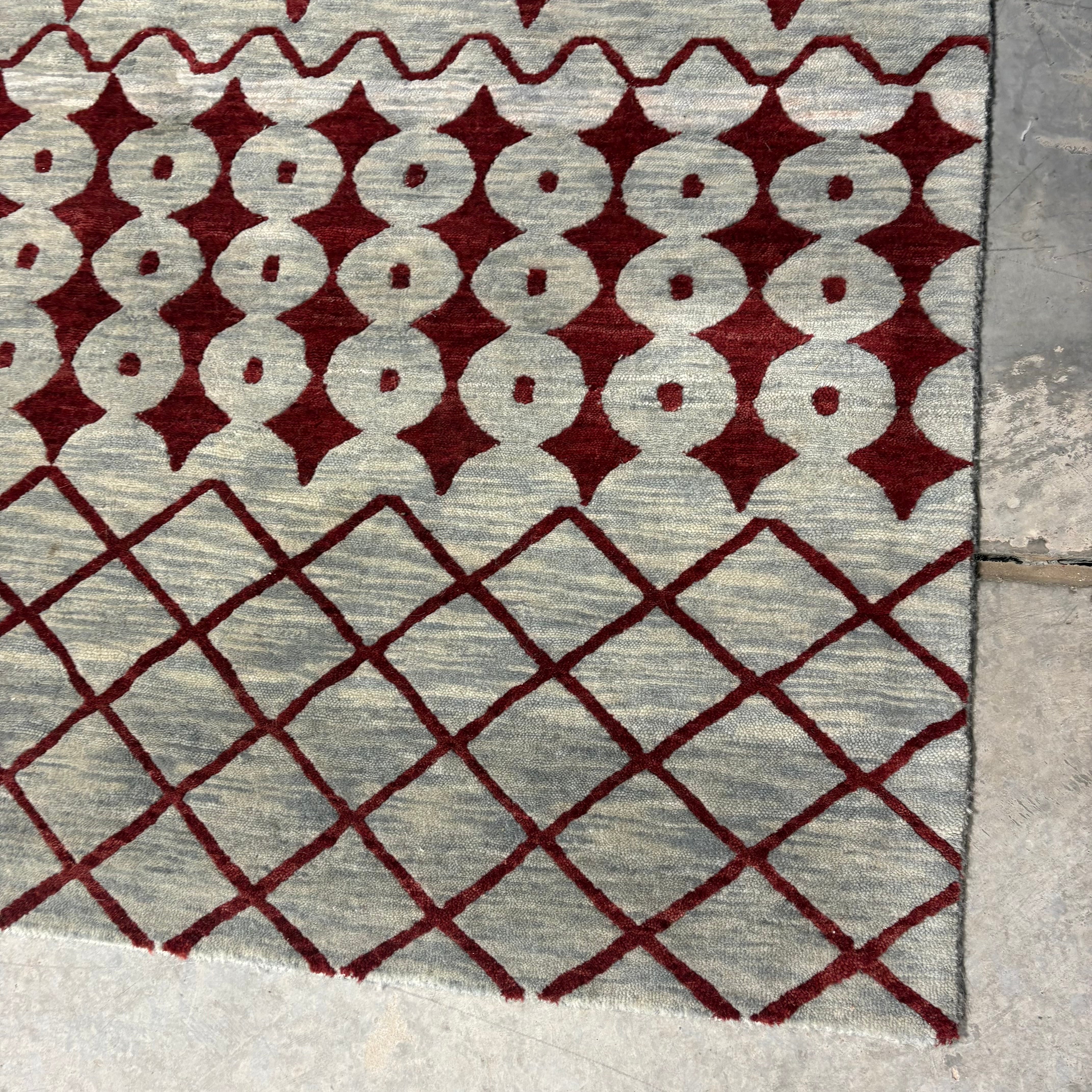 Isberian Custom Grey and Red Geometric Woven Wool Rug 10' x 13'