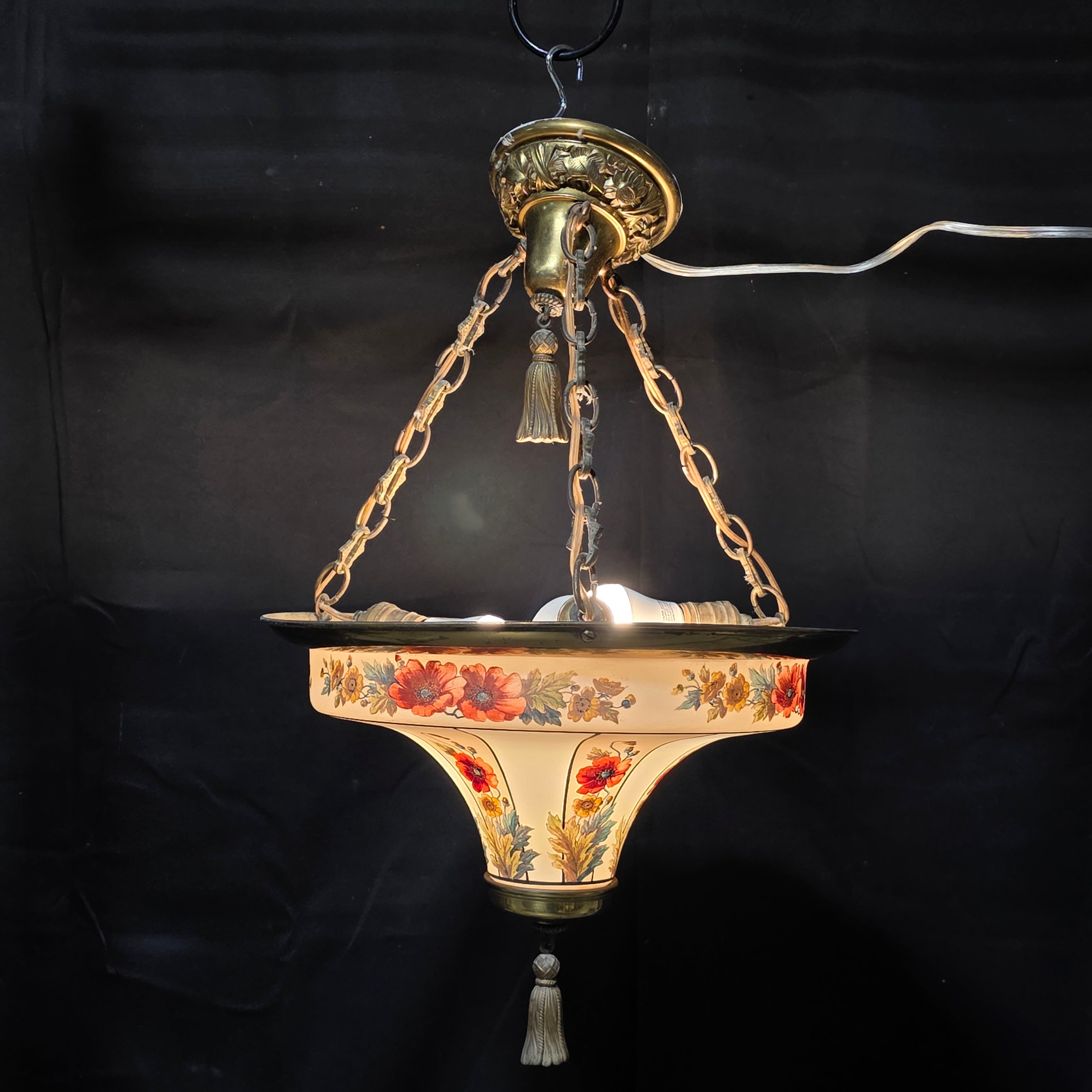 Circa 1940's Floral Chendelier with Brass TAssle Droppings from Middle and Ceiling Attachment 16"Dx26"
