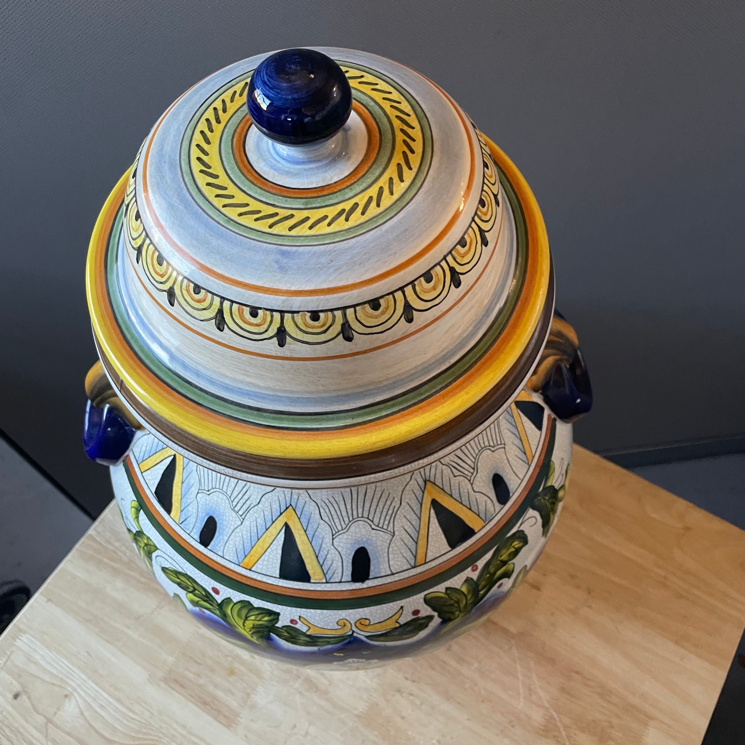 Decorative Majolica Style Reproduction Lidded Apothecary Jar, 14"x 23"
