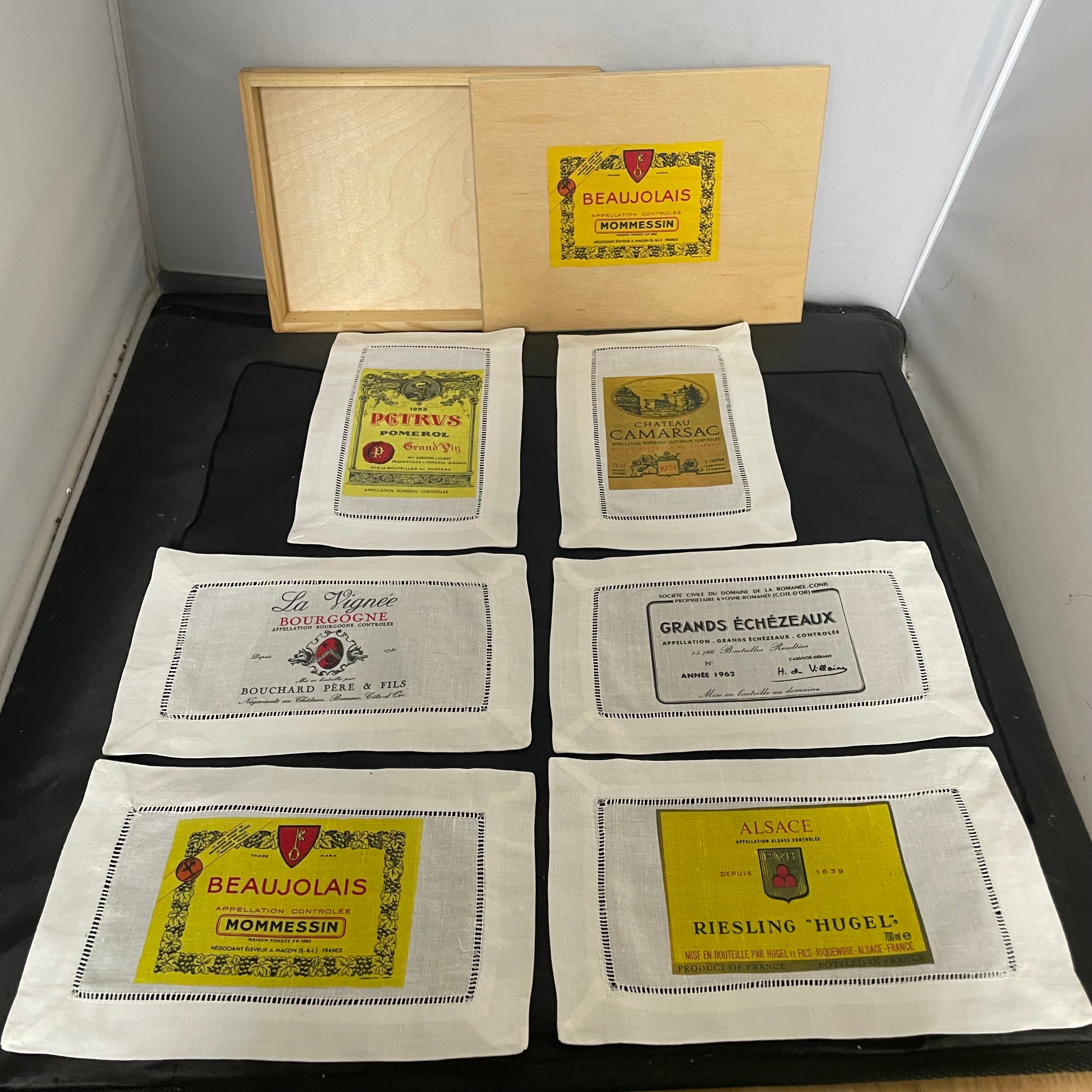 Set of 6 Linen Wine Lable Coasters/Mats in Wood Hinged Gift Box, 9.25"x7.25"x1.5"