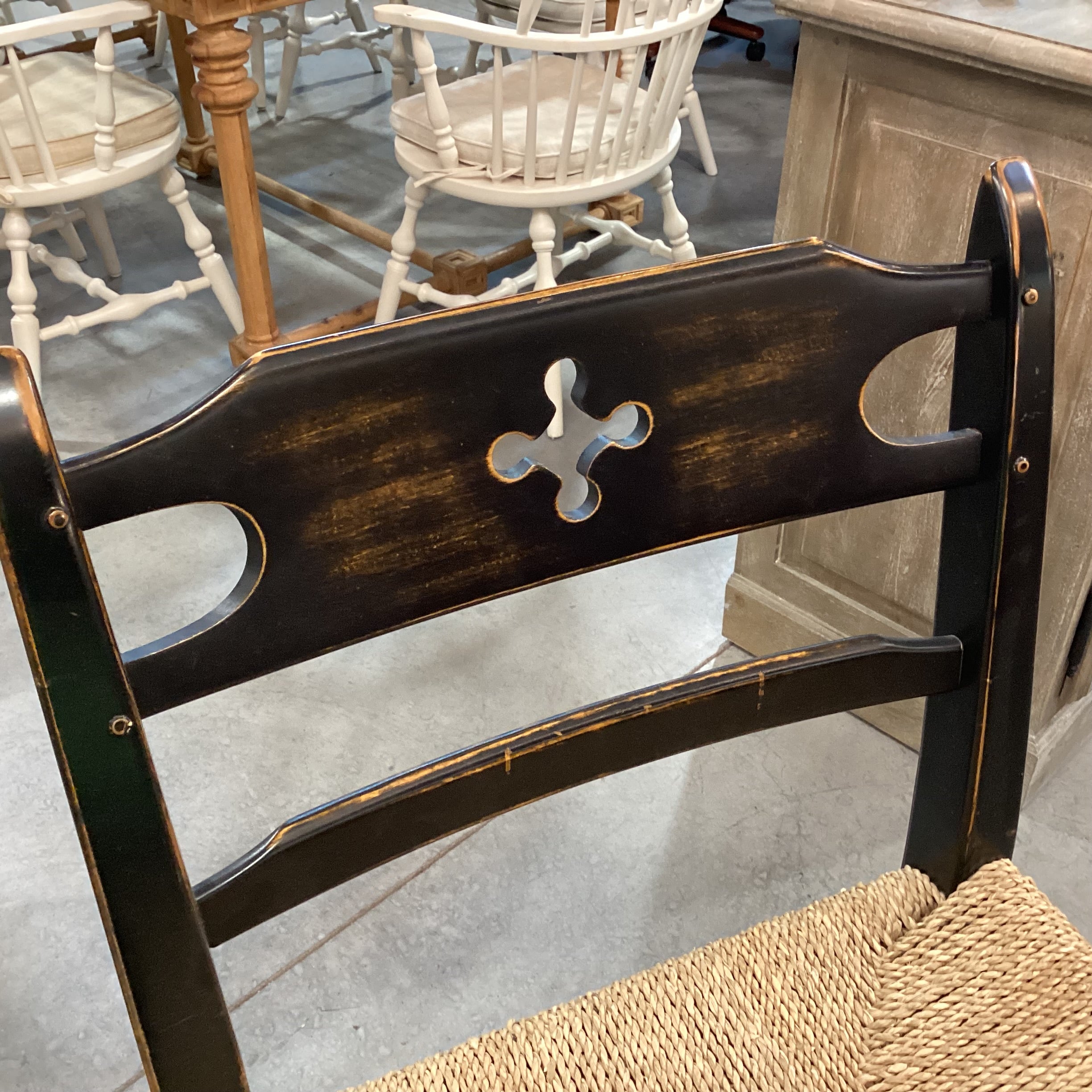 SET of 4 Wolf Diamond Point in Black Hand Sanded Maple Woven Seagrass Seat Barstools 30"