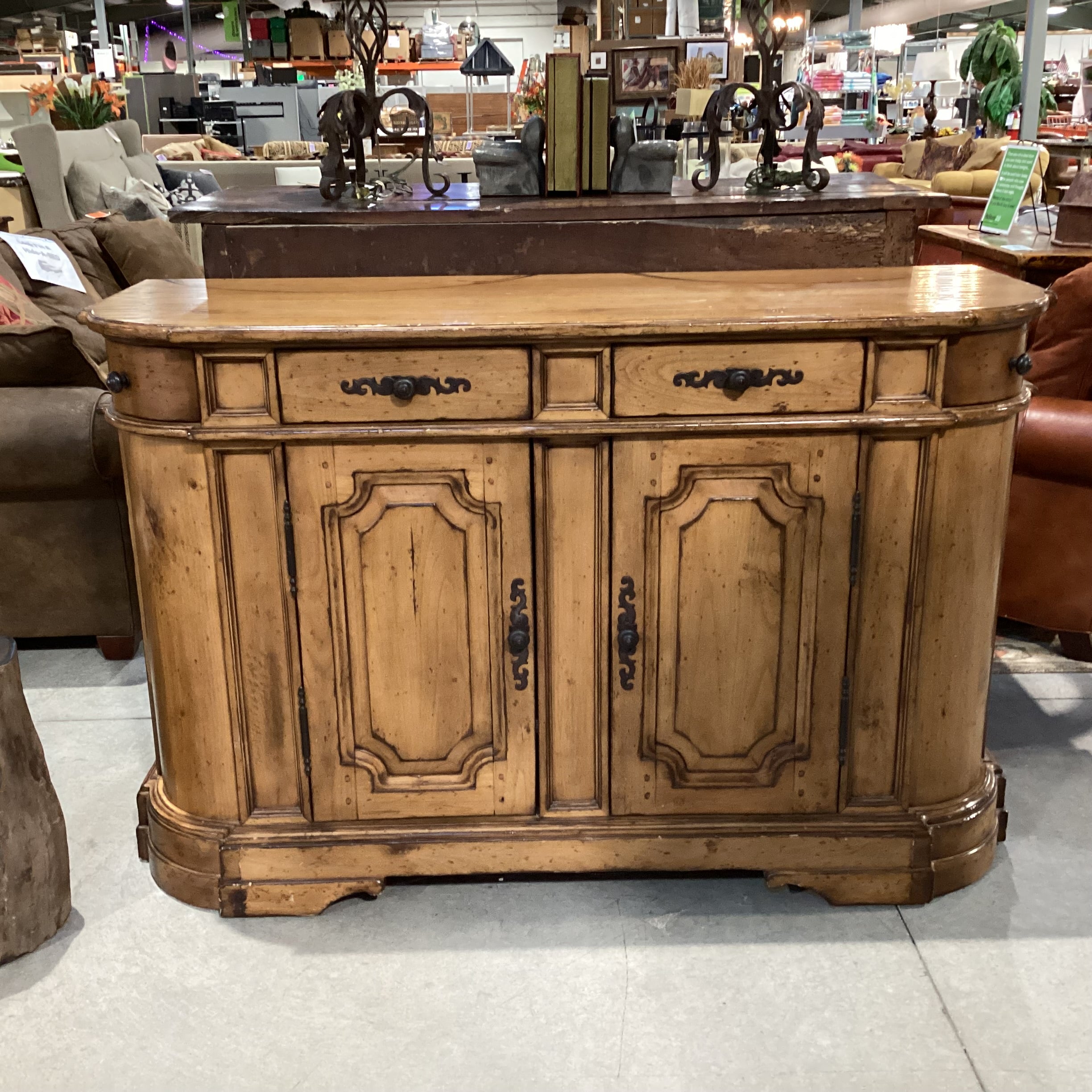 Distressed Finish Carved Panel Details 4 Drawer Sideboard 60"x 22"x 38.5"