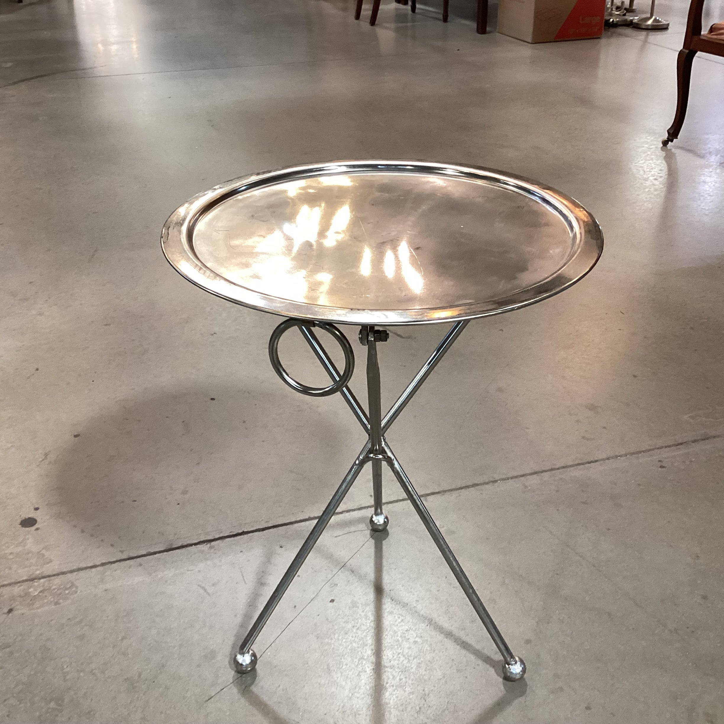 Vintage Folding Silver Plated Tripod Tray Accent Table 18" Diameter x 24"