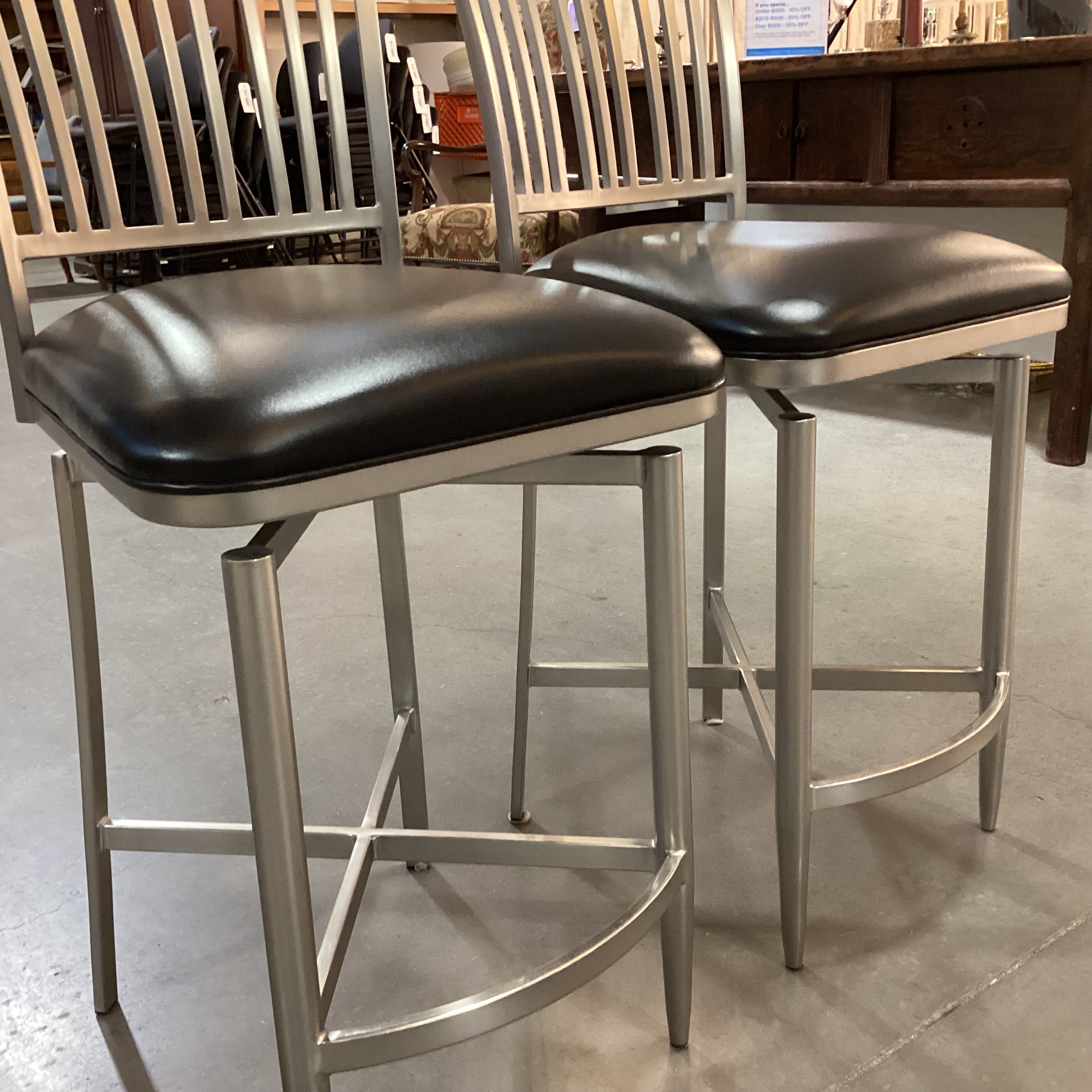 SET of 2 Ashtyn Brushed Nickel Finish Metal & Black Faux Leather Return Swivel Barstools 26"