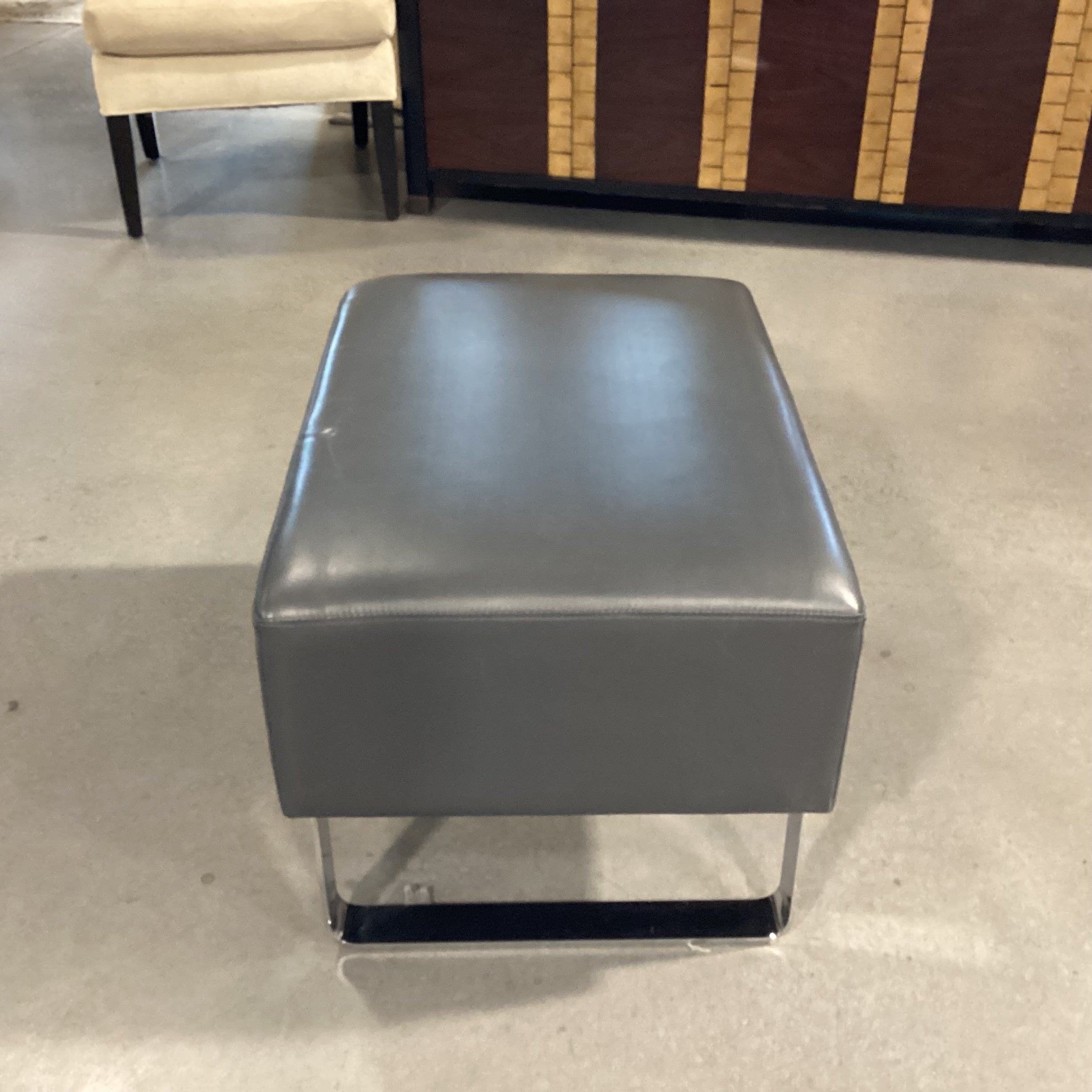 Grey Leather & Chrome Ottoman 28"x 20"x 18.5"
