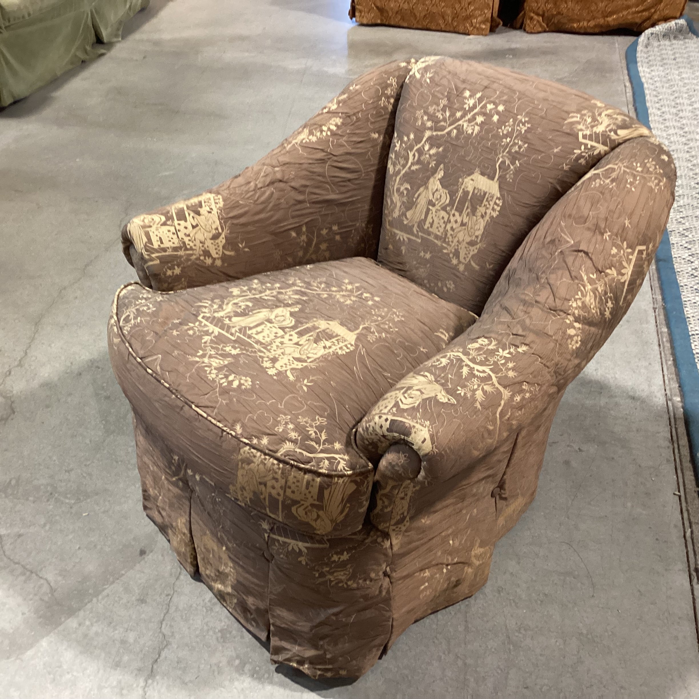 JJ Custom Brown Gold Asian Scene Silky Crinkle Upholstery Tailored Button Skirt Chair 35"x 36"x 32"