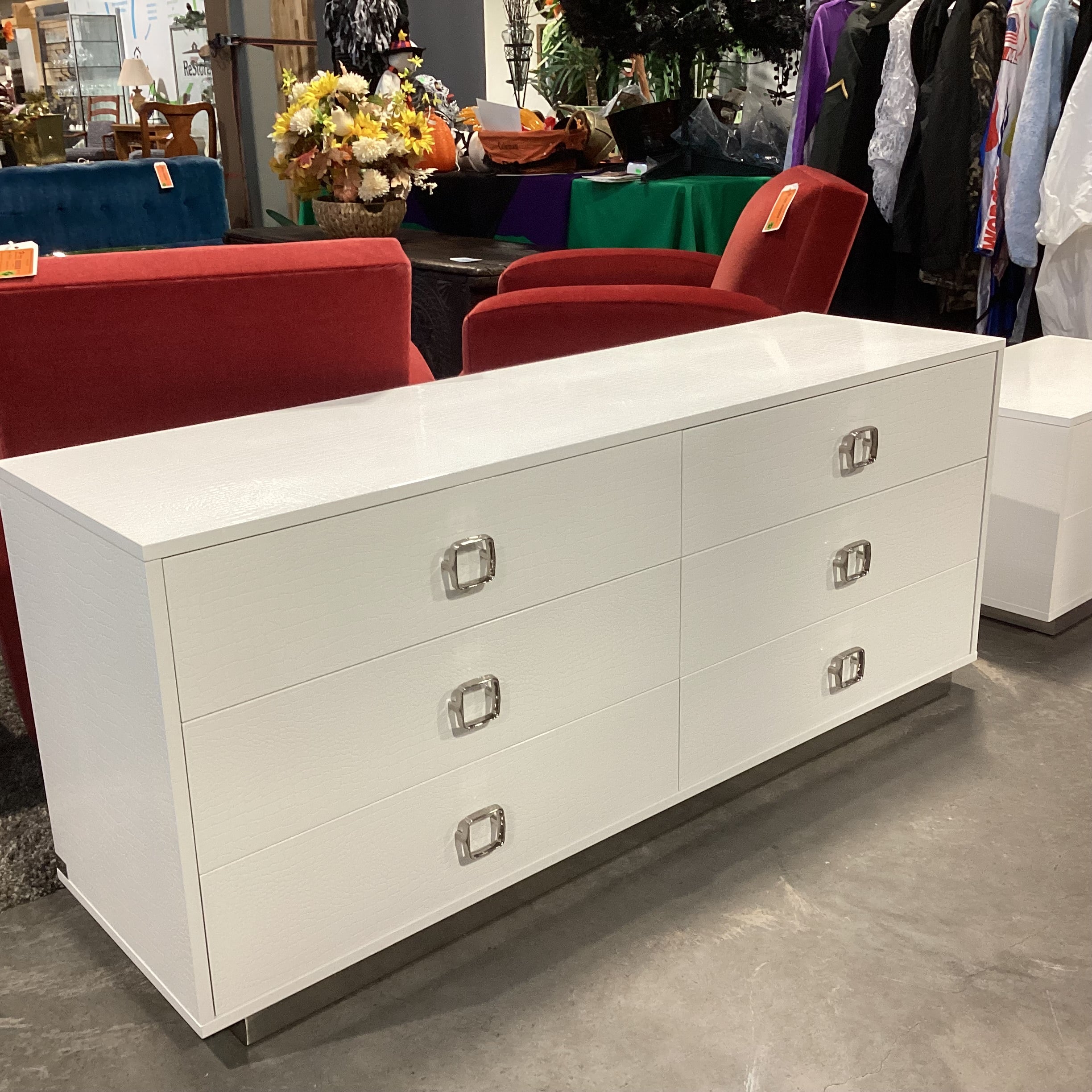A&X Casa Milano White Croc Style Faux Leather 6 Drawer Dresser 63"x 19"x 26.5"