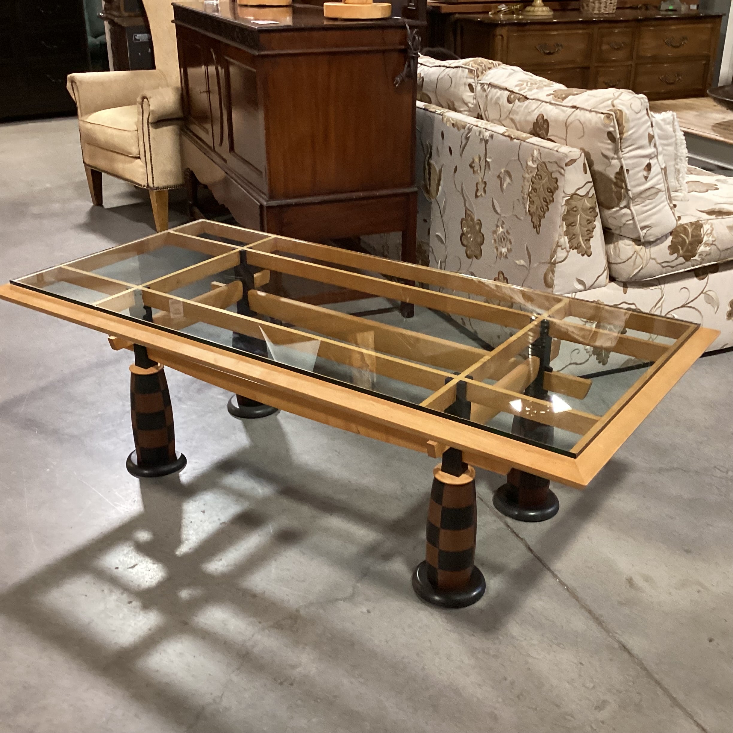Vintage Mid Century Modern Wood & Glass with Checker Board Pattern Legs Coffee Table 59"x 28"x 19"
