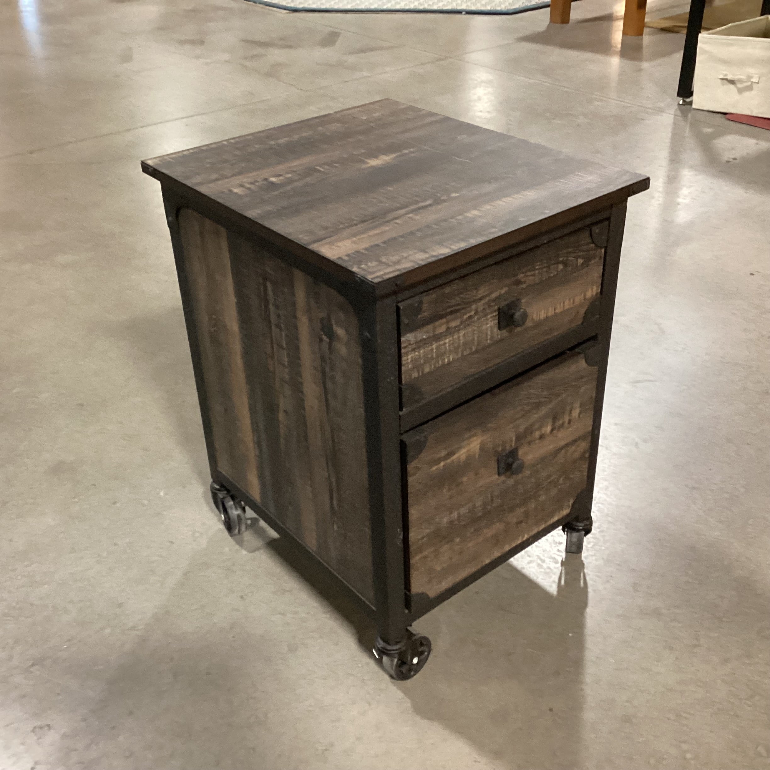 Carbon Oak Wood Style Laminate & Metal on Casters 2 Drawer End Table 18"x 21.5"x 26.5"