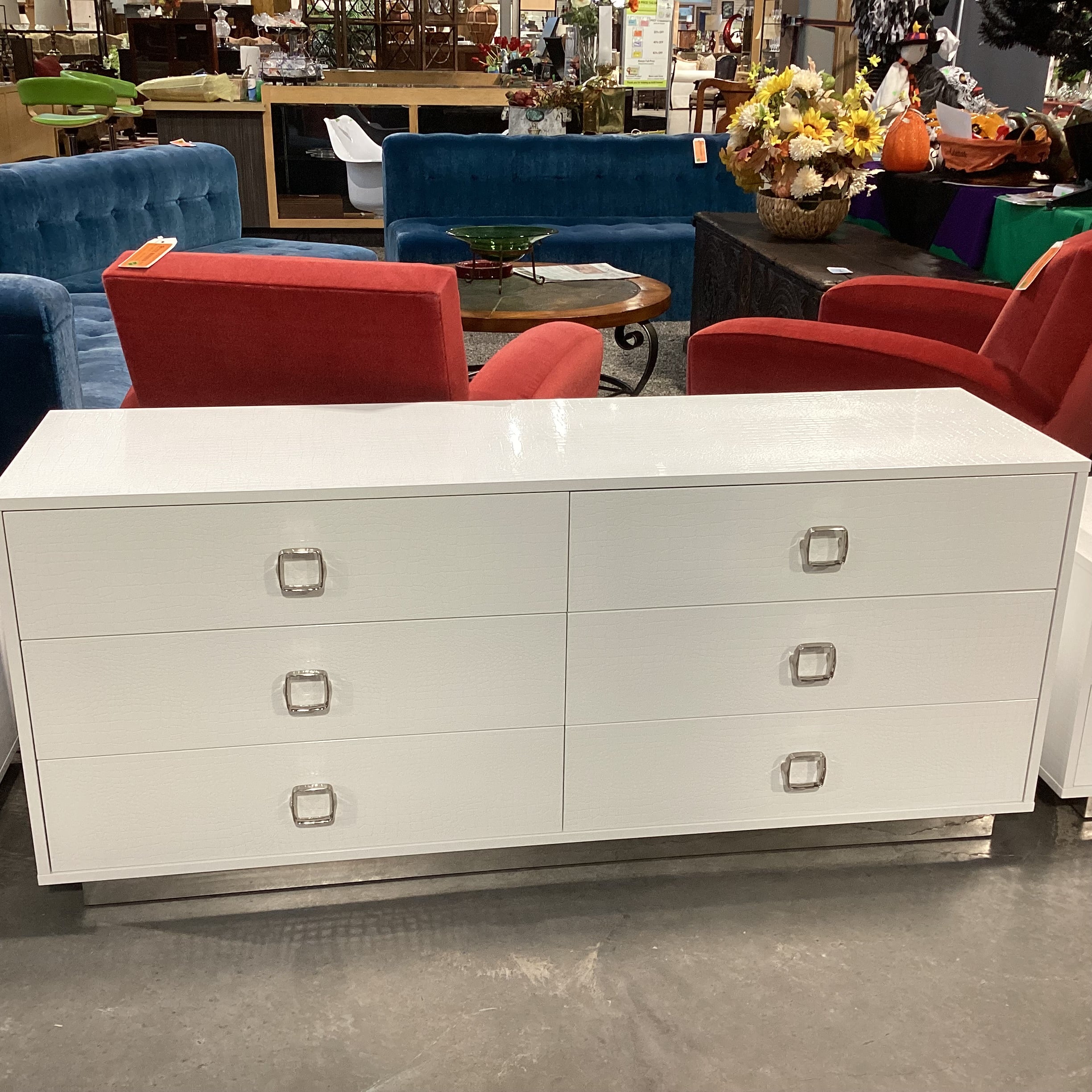 A&X Casa Milano White Croc Style Faux Leather 6 Drawer Dresser 63"x 19"x 26.5"