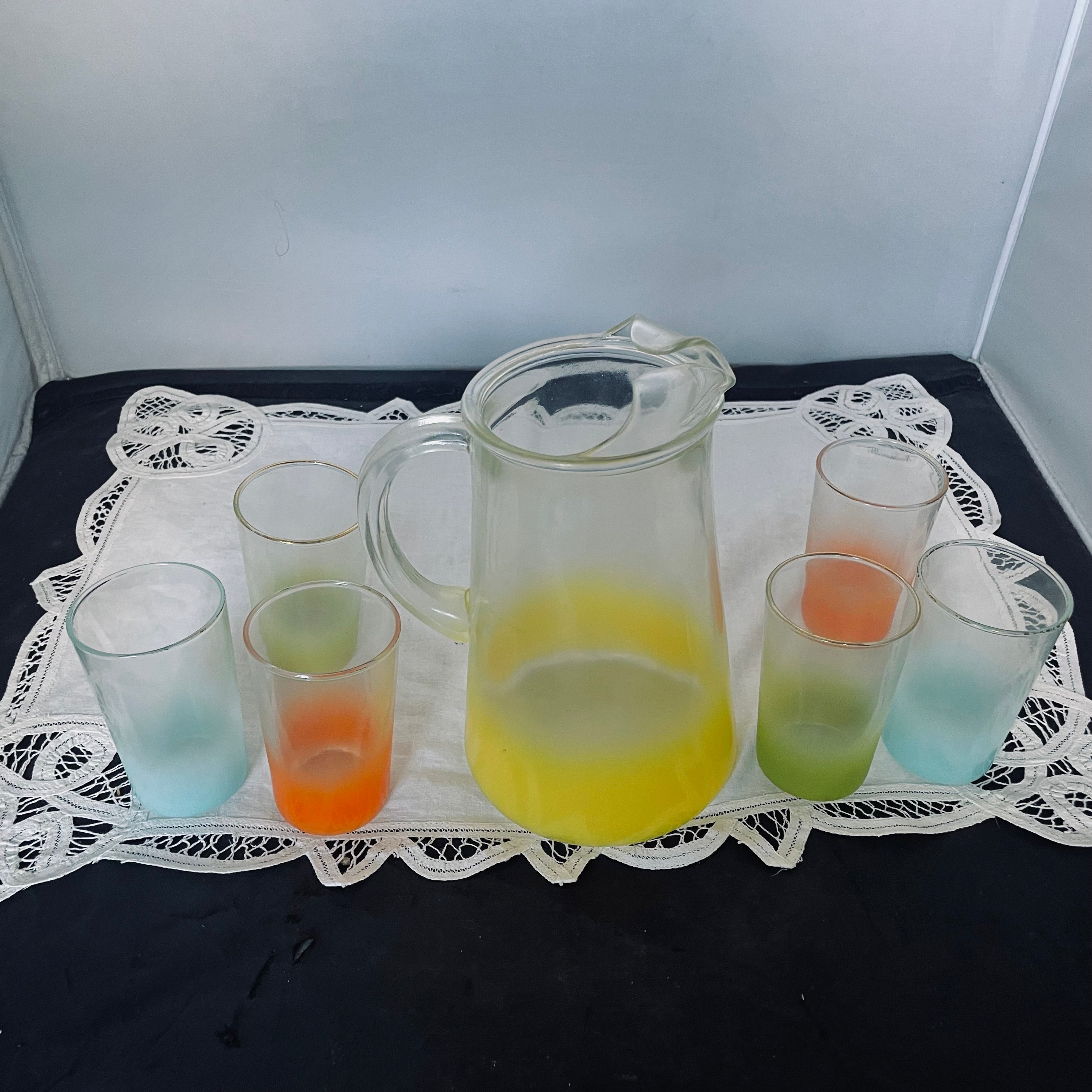 Set of 7 Vintage West Virginia Glass Blendo Pitcher with 6 Glasses