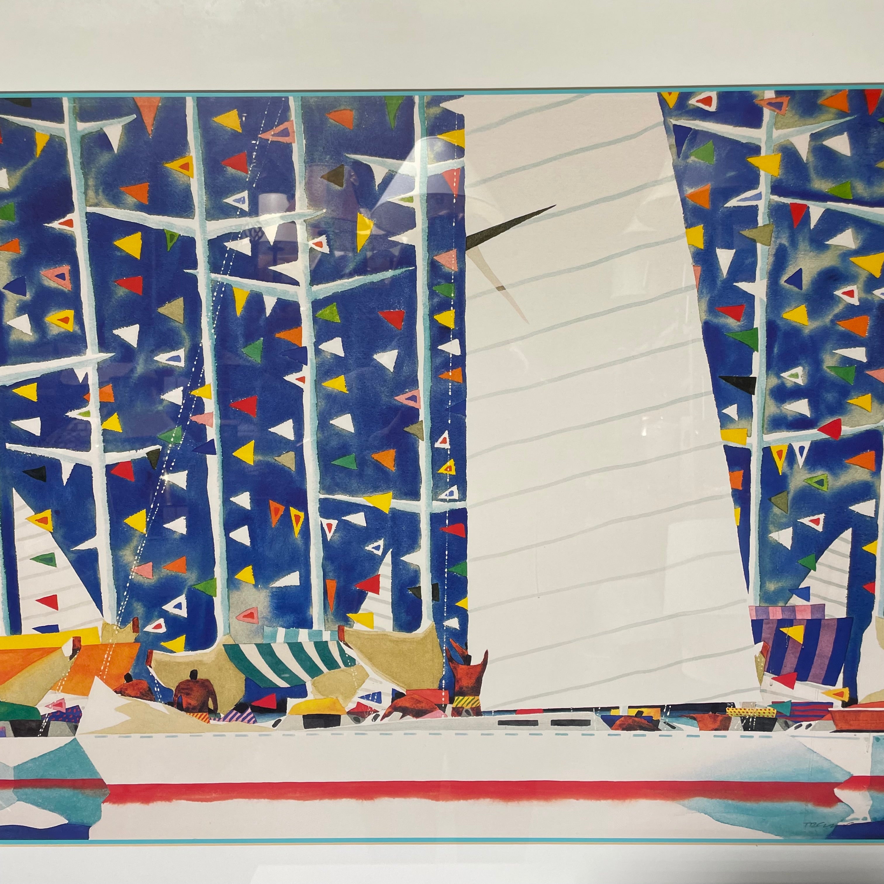 Ian Tremewen "Boats 'N The Harbour" Print In Light Wood Frame 37" x 30"