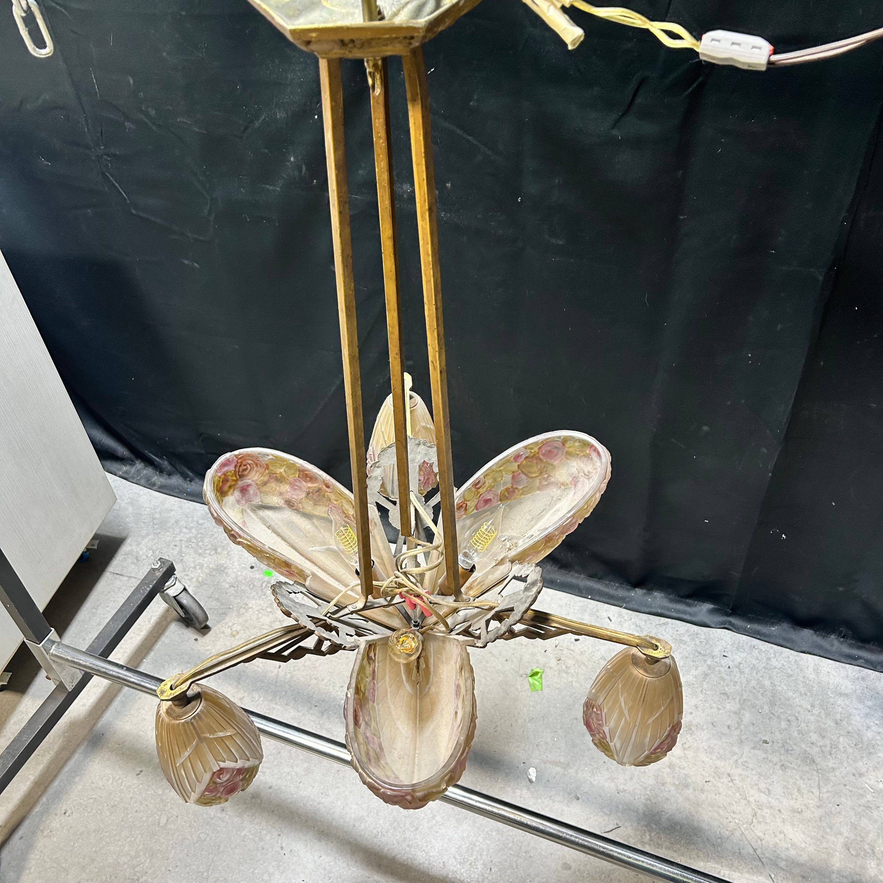 1930 Art Deco Brass & Flowered Glass 6 Light Pendant 22"x 31"