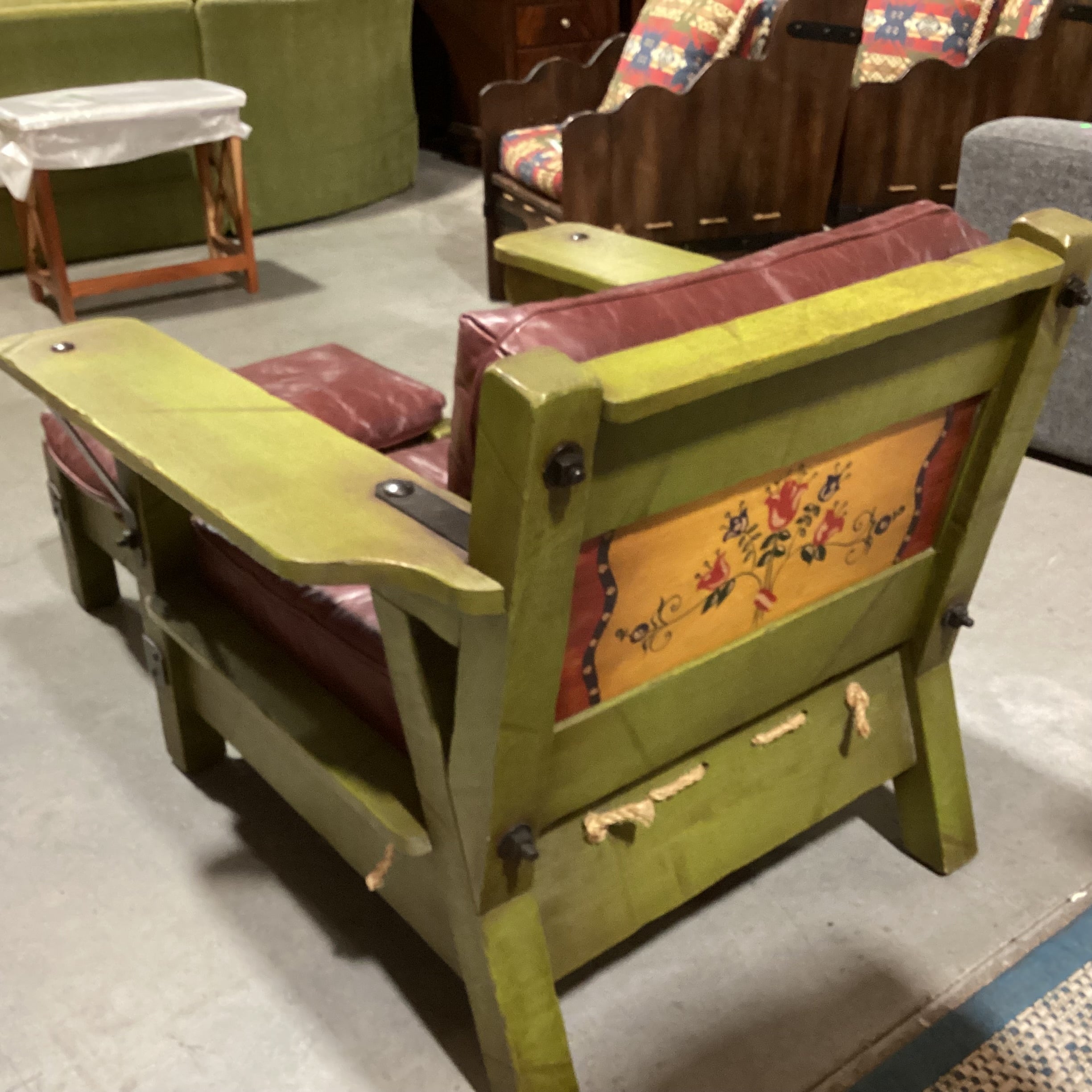 Art in Fine Forms Custom Spanish Green Alder Iron & Rope Leather Cushions with Ottoman Chair 35"x 36" 31"
