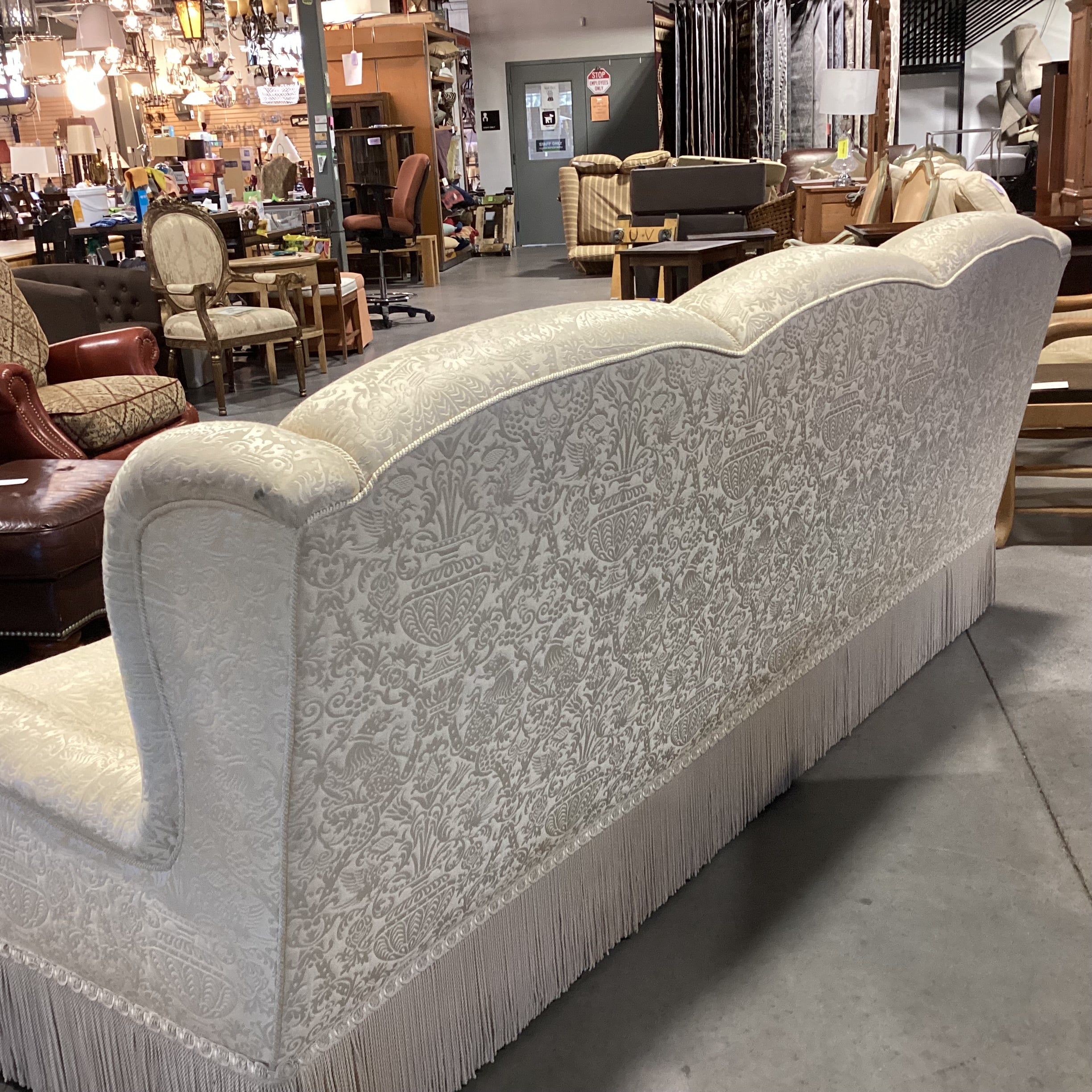 Custom Gold Raised Stitched Floral Urns with Piping & Fringe Down Mix High Back Sofa 102"x 41"x 41"