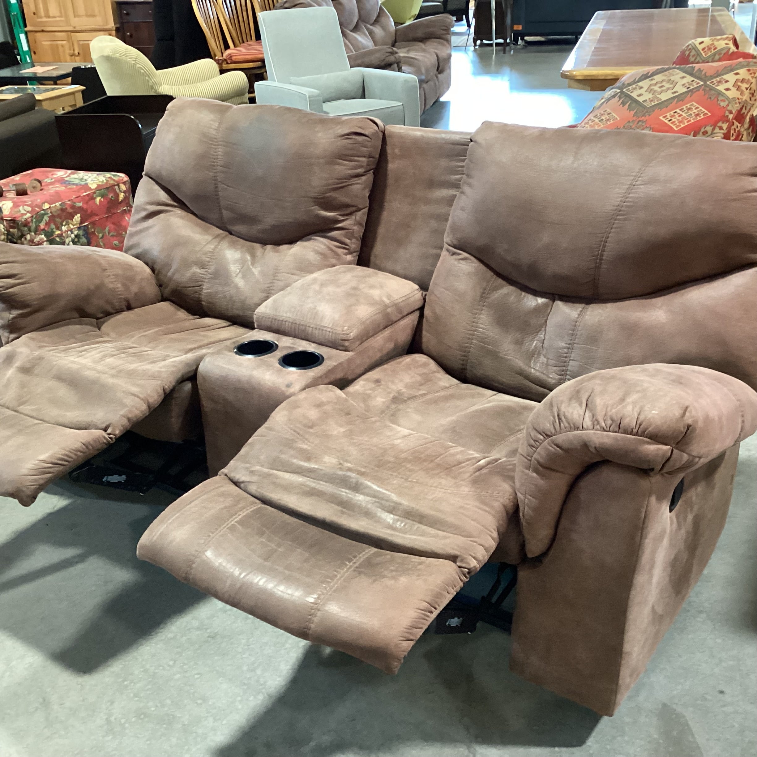 Brown Micro Suede Double Reclining with Console Sofa 85"x 35"x 41"