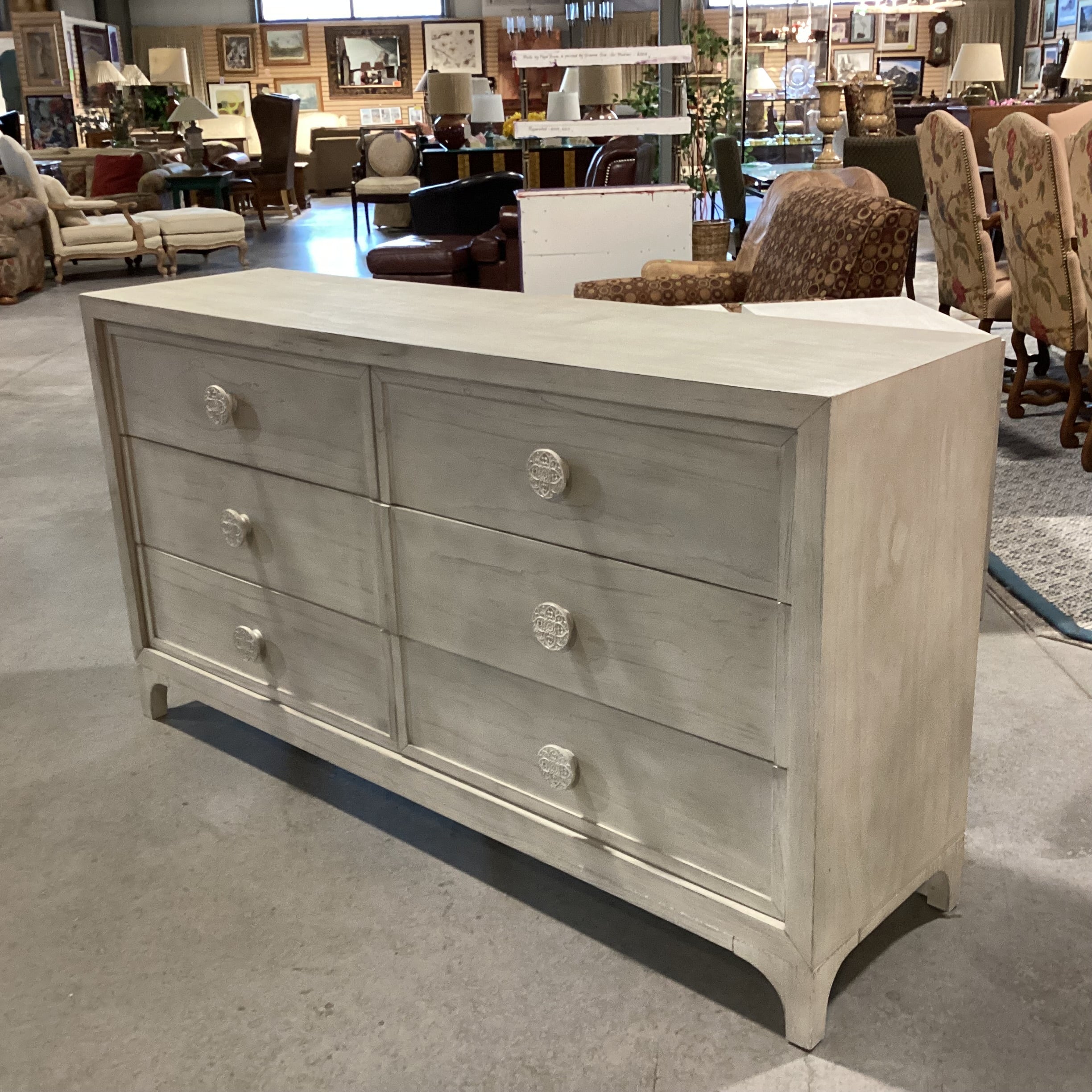 Bohemia White Washed Wood with Carved Mandala Pulls 6 Drawer Dresser 66"x 18"x 36"
